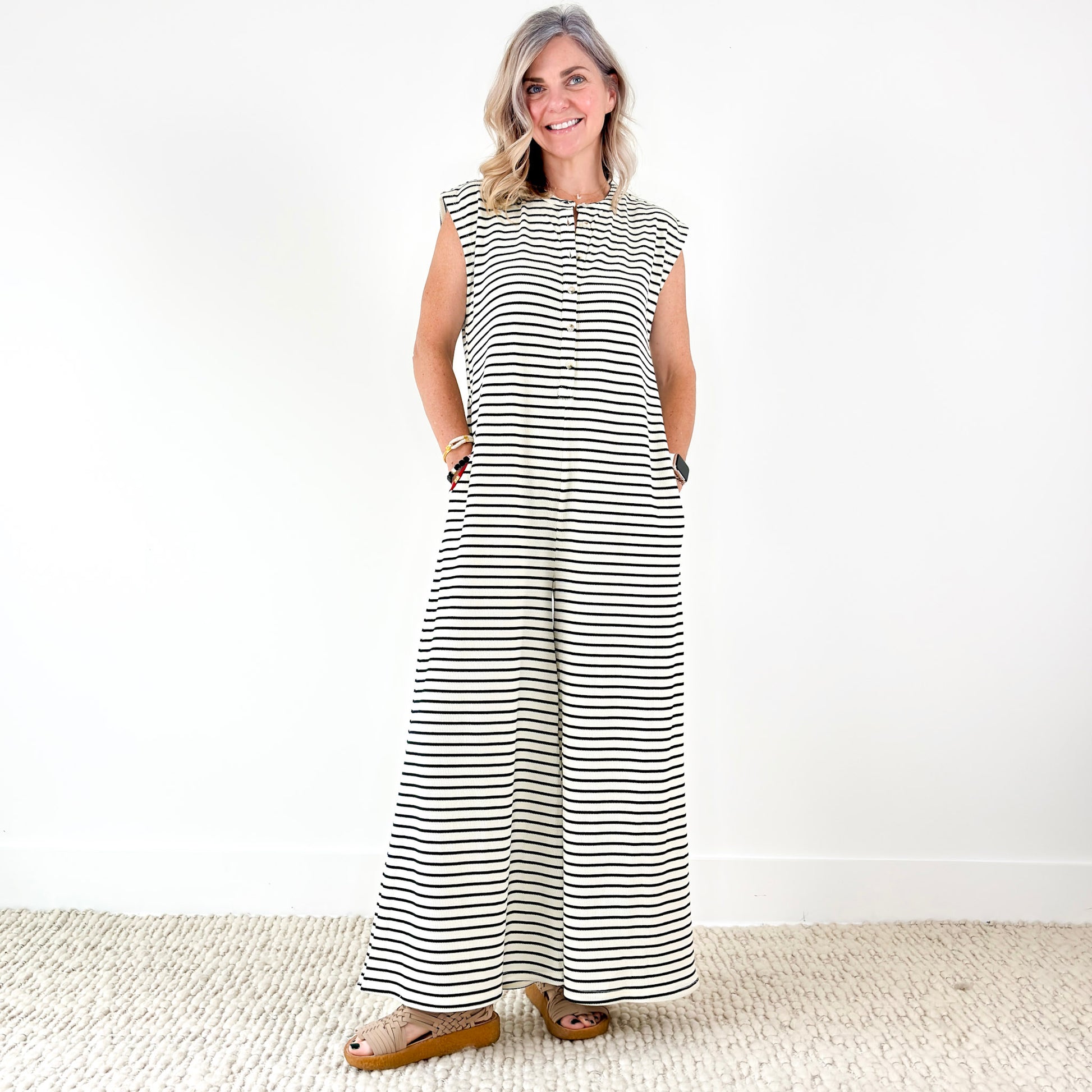 Black and white stripe wide leg button front jumpsuit