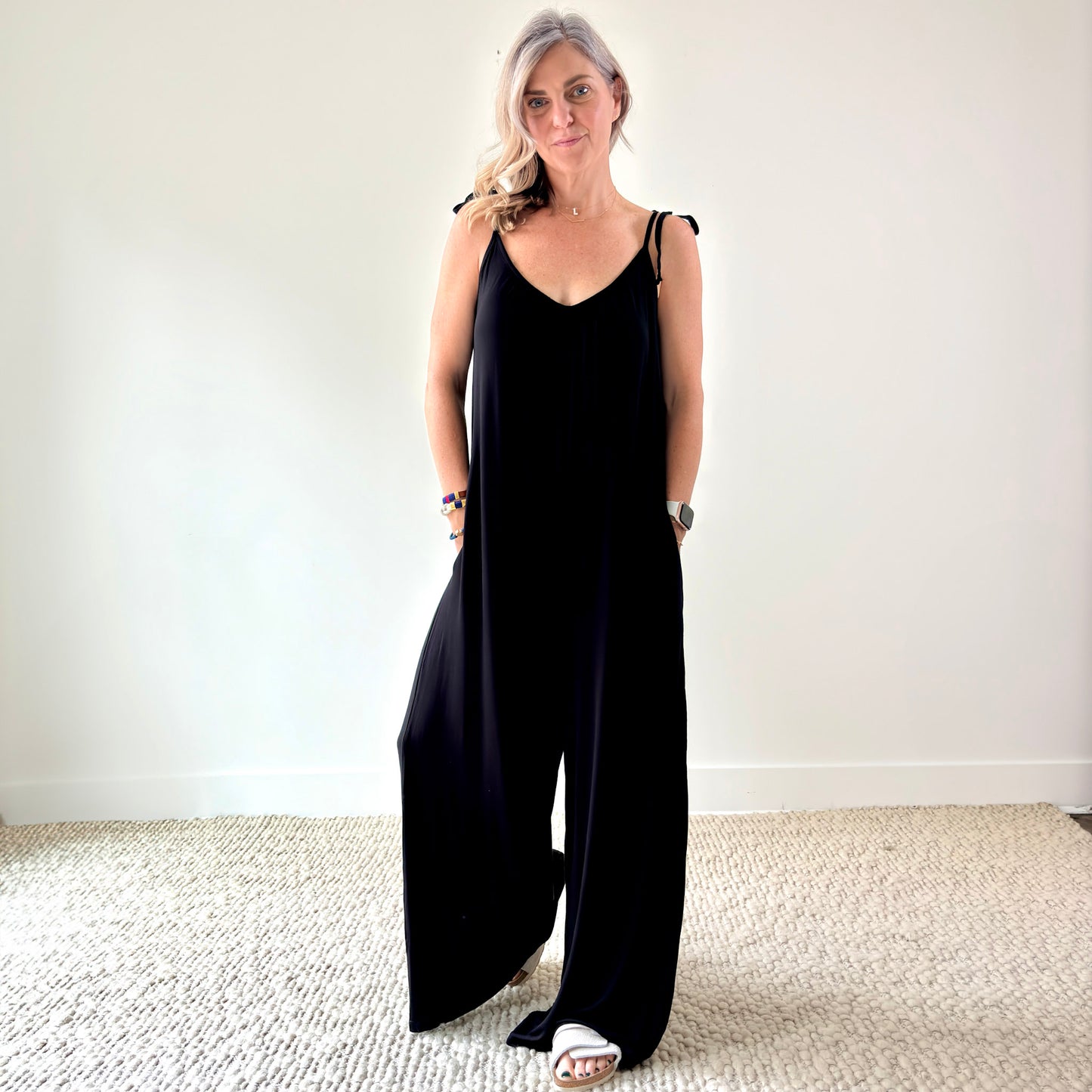 Women's Black stretch knit tie shoulder jumpsuit with pockets