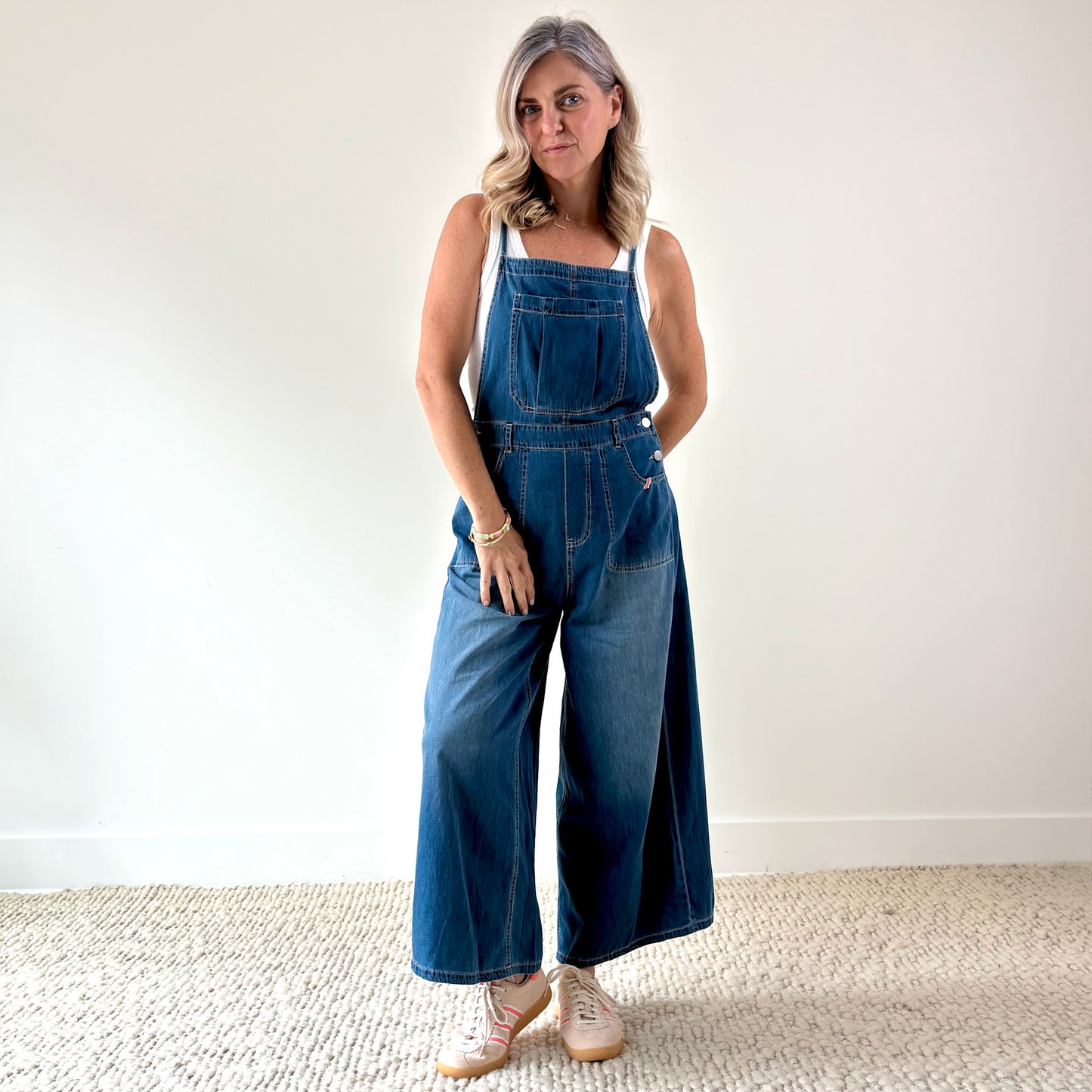 Women's Light Weight Wide Leg Medium Wash Cropped Denim Overall