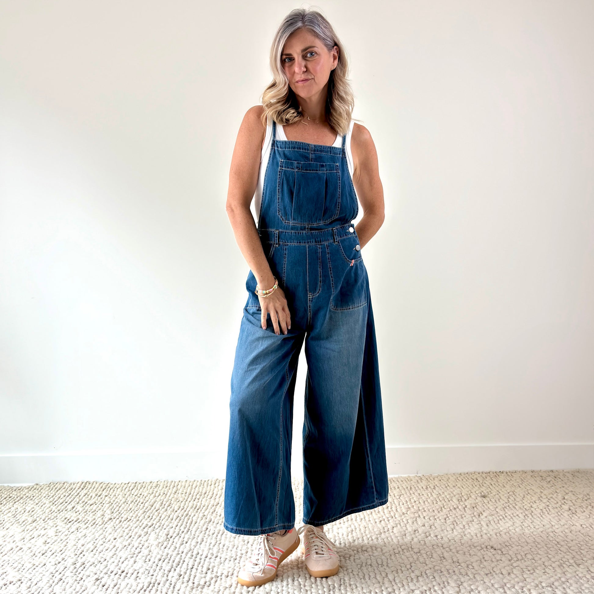 Women's Light Weight Wide Leg Medium Wash Cropped Denim Overall