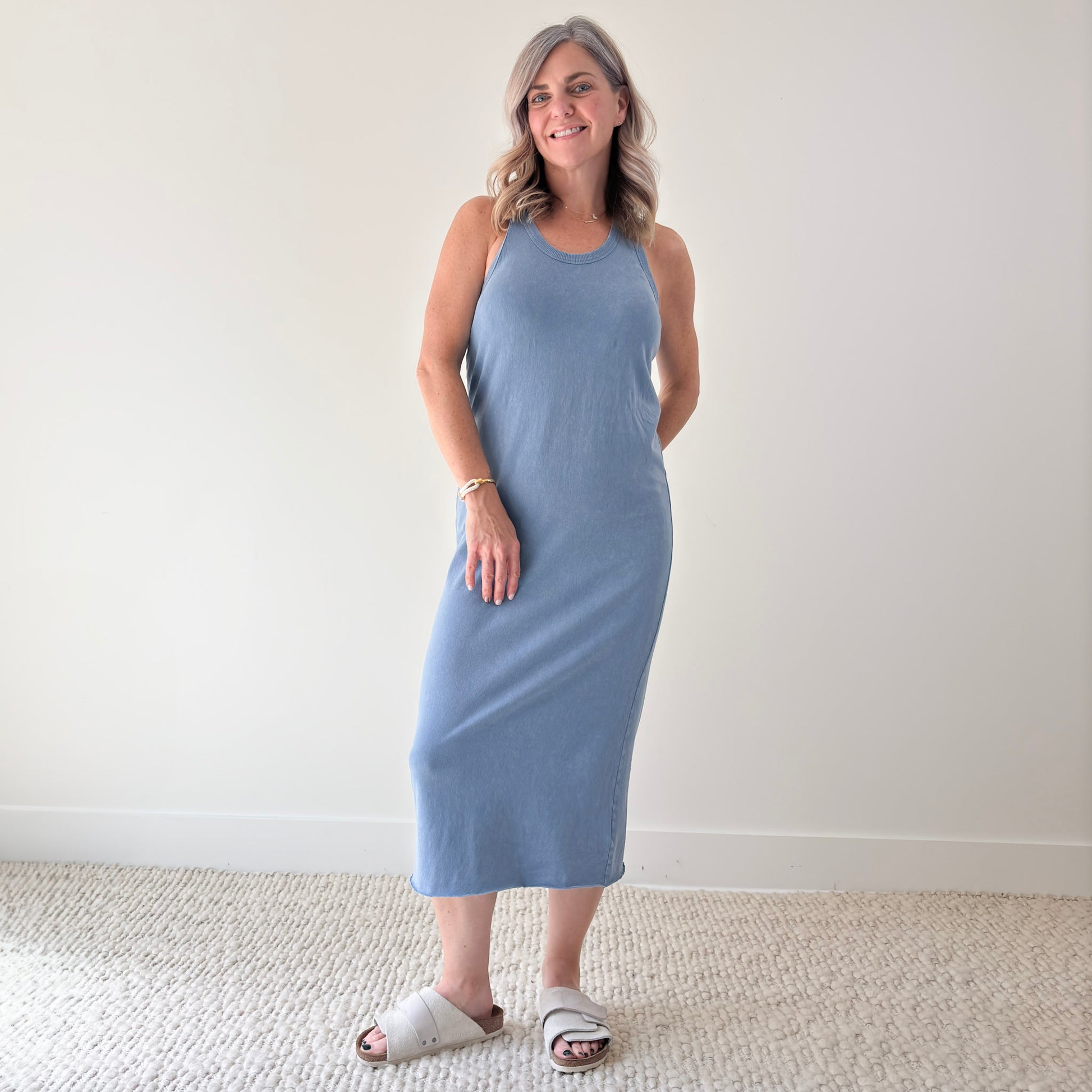 Women's grey blue knit tank racerback fitted midi dress with raw hem