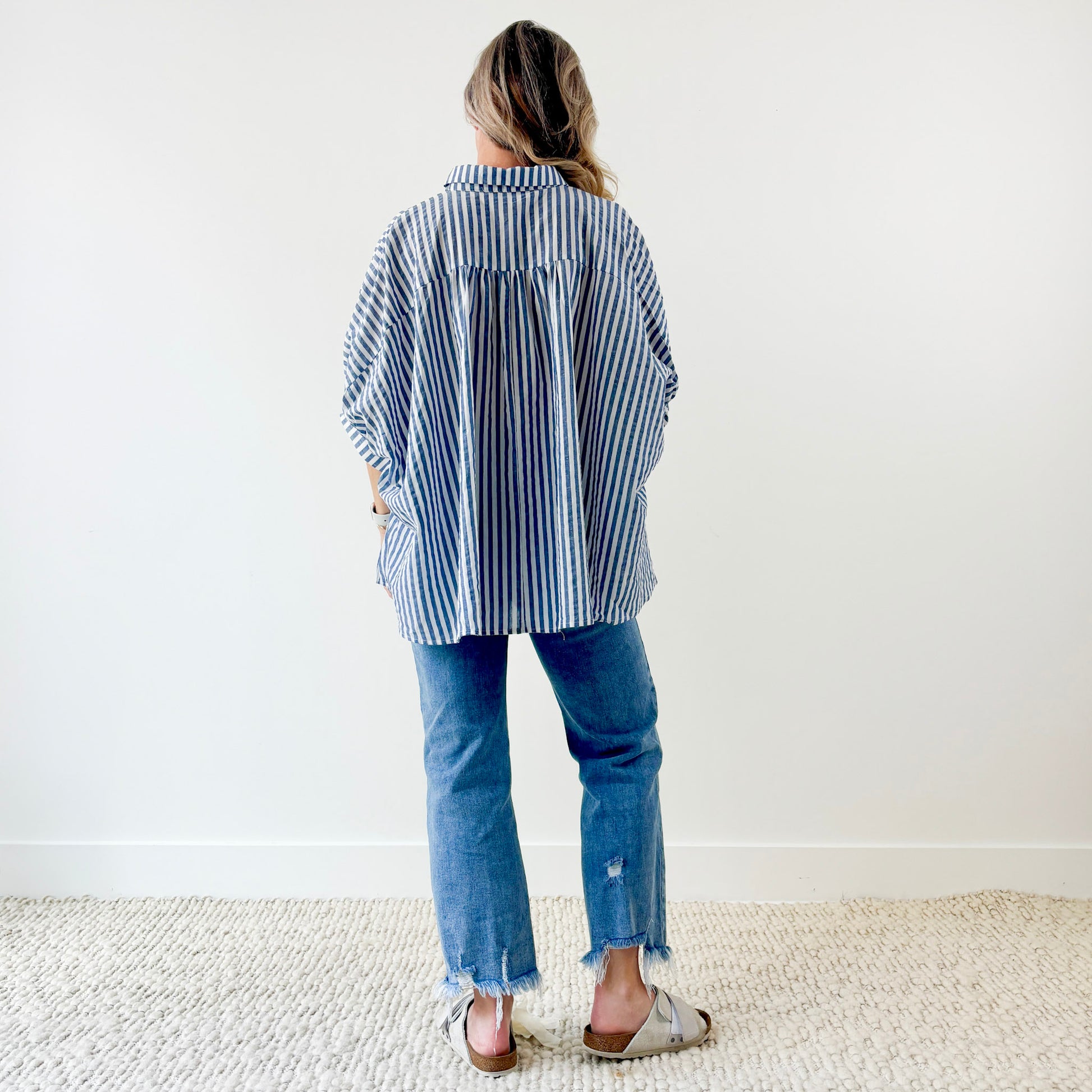 Navy and white stripe oversized button front top