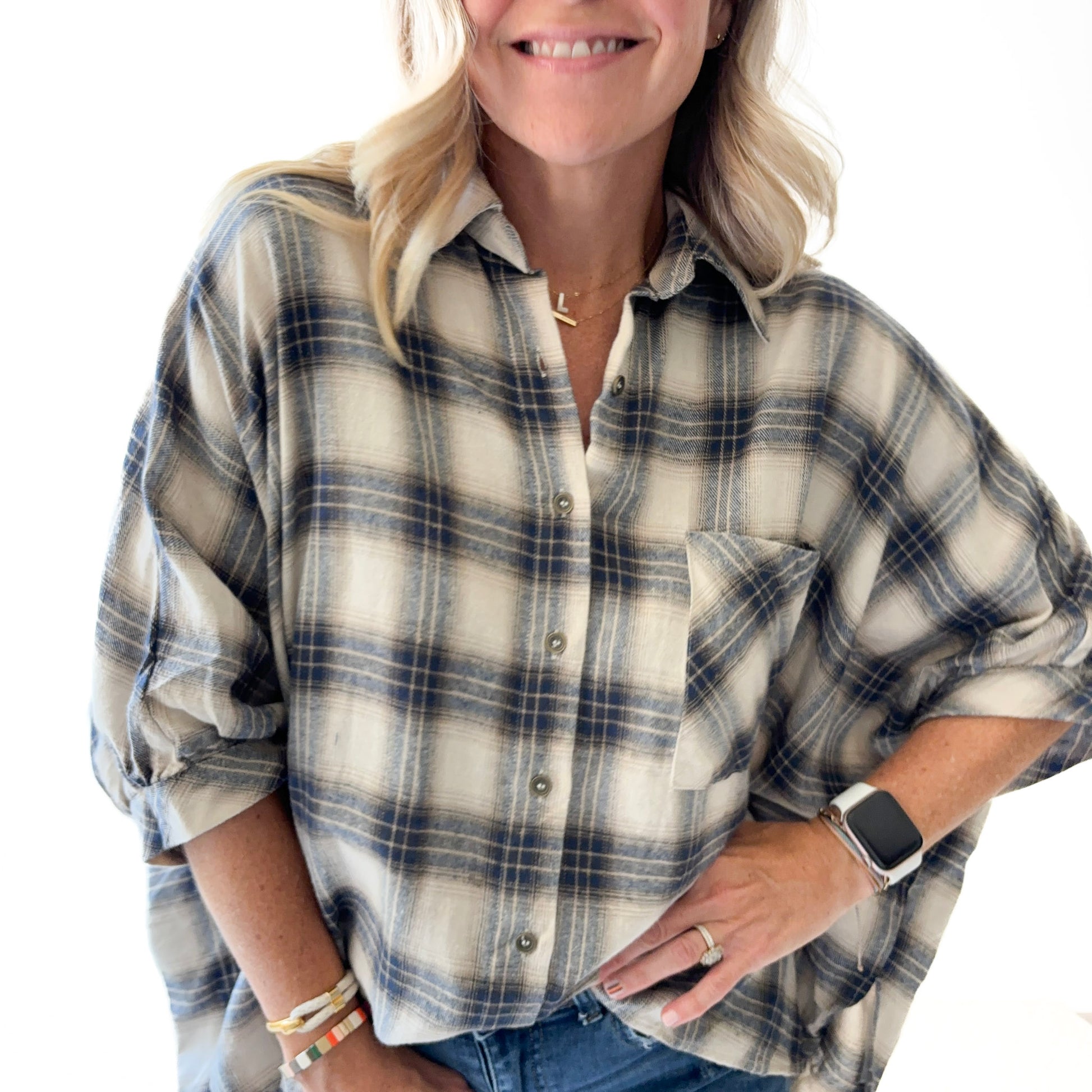 Women's ivory with blue oversized plaid button front high low top