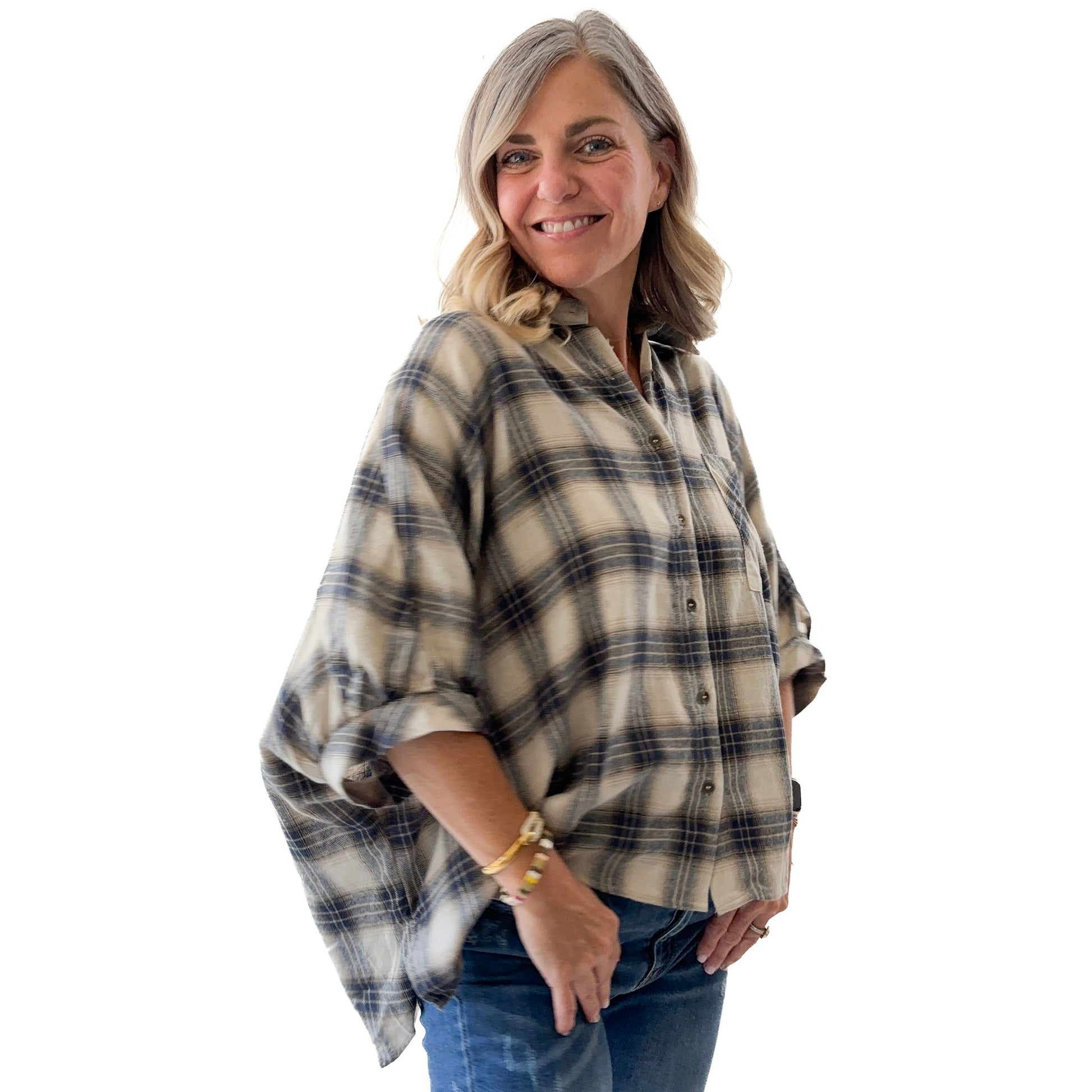 Women's ivory with blue oversized plaid button front high low top