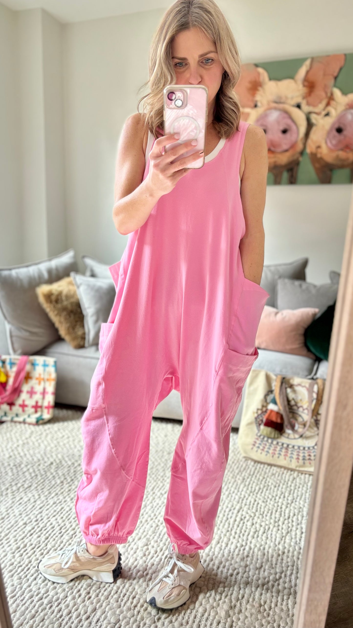 Women's Pink Knit Tank jumpsuit romper with cargo pockets side ties and gathered elastic hem
