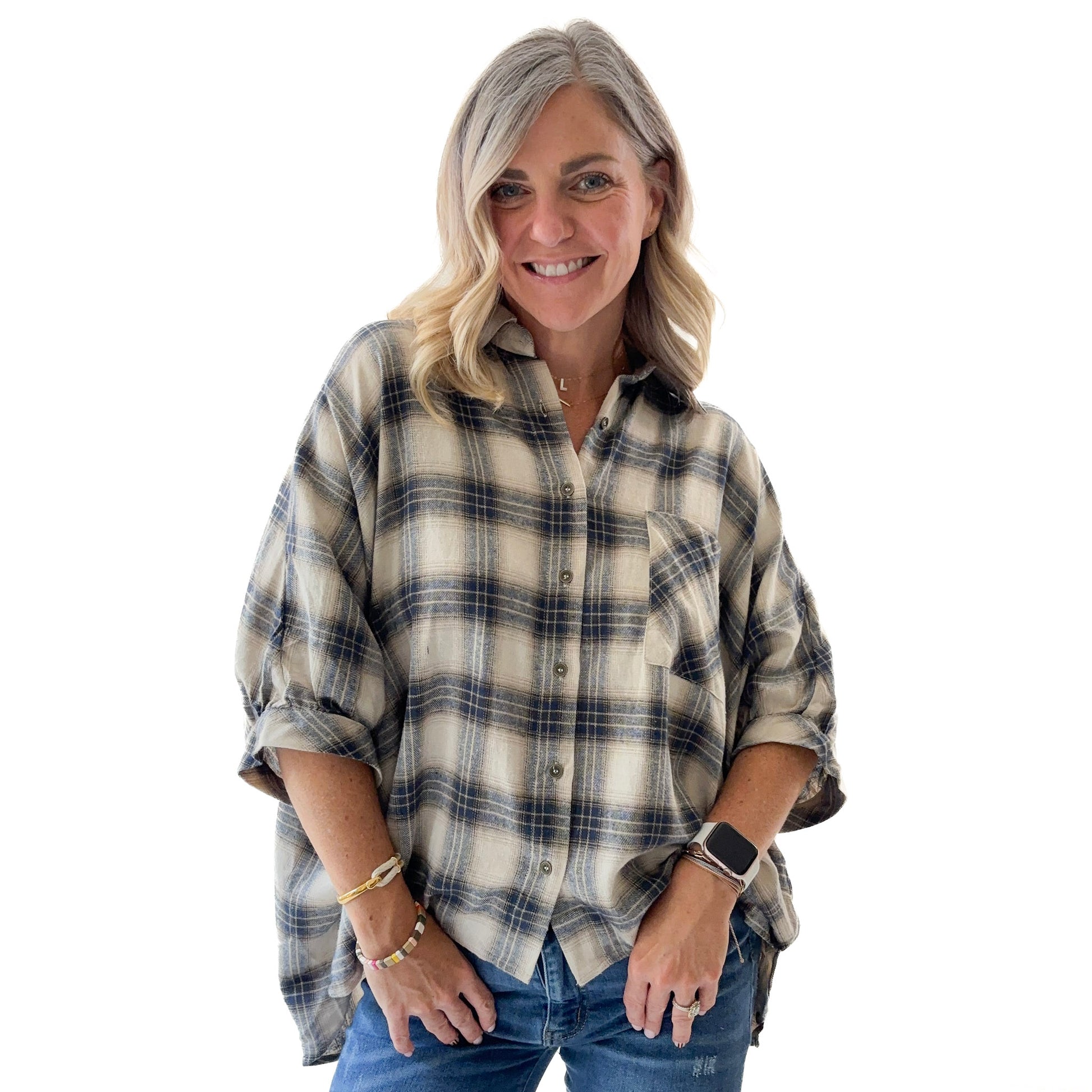 Women's ivory with blue oversized plaid button front high low top