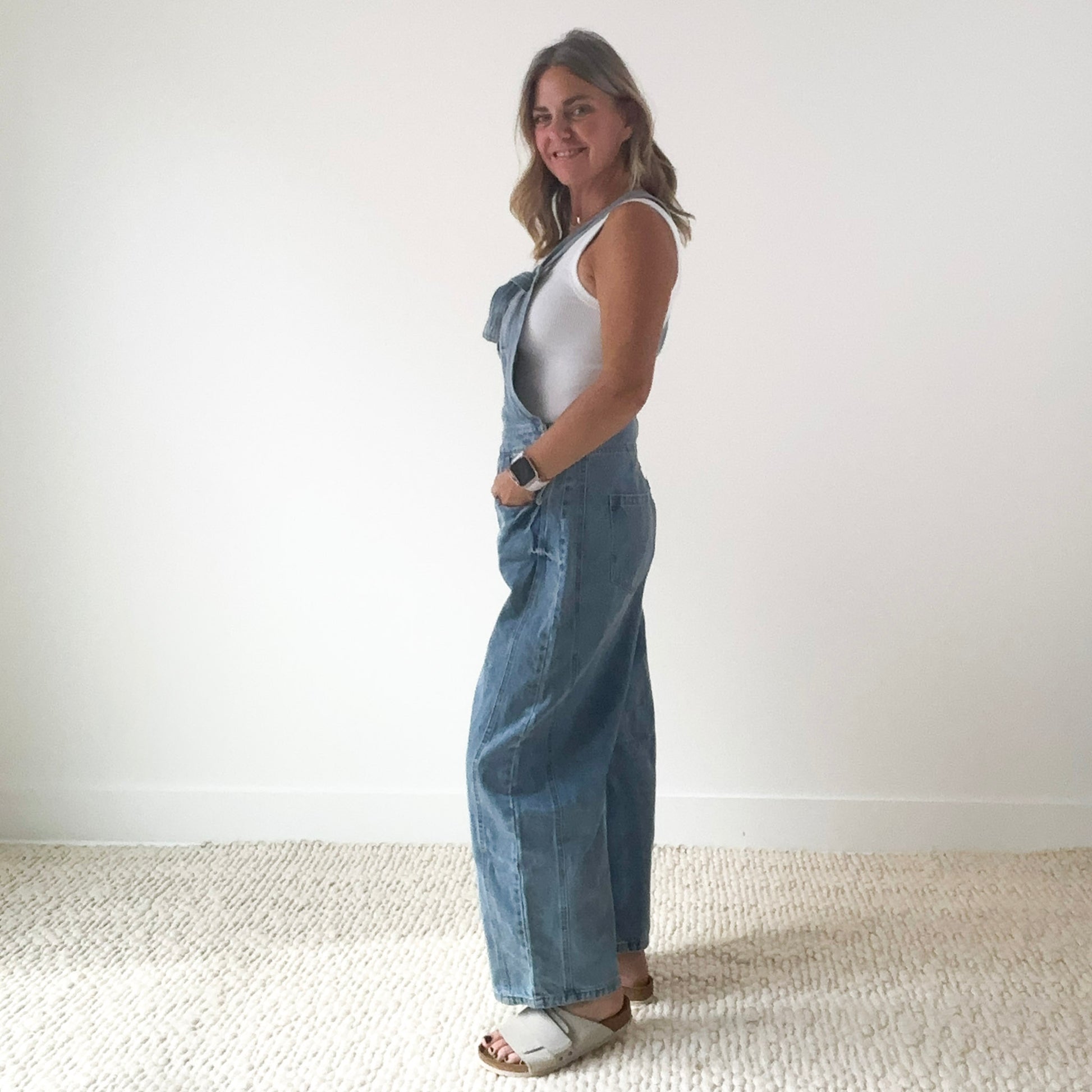 Women's knot tie barrel leg medium wash cropped overall