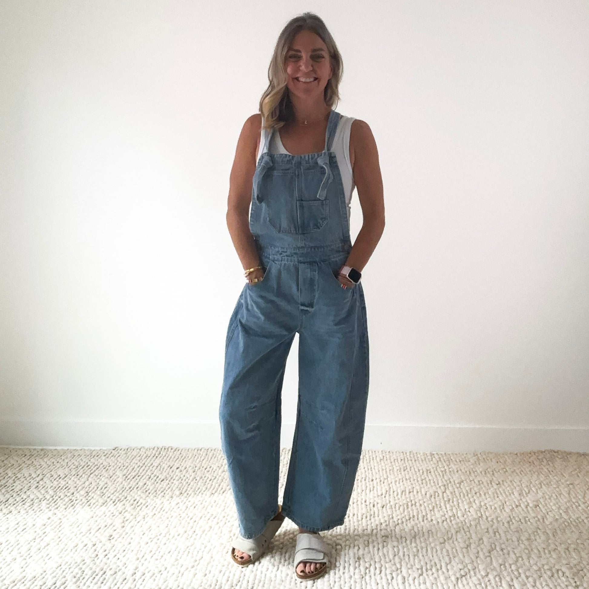 Women's knot tie barrel leg medium wash cropped overall