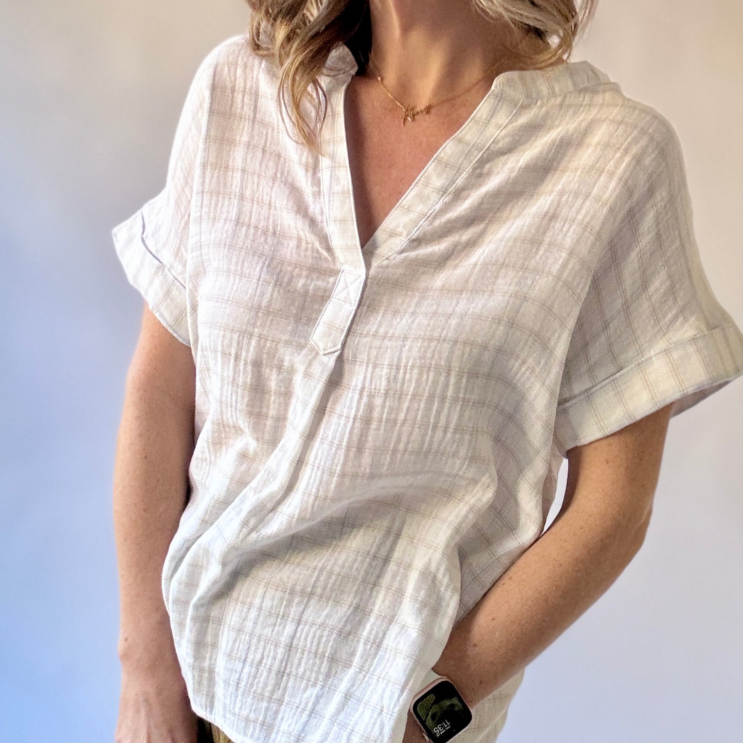 Women's white with blue and tan windowpane easy gauze split neck cuffed short sleeve top blouse