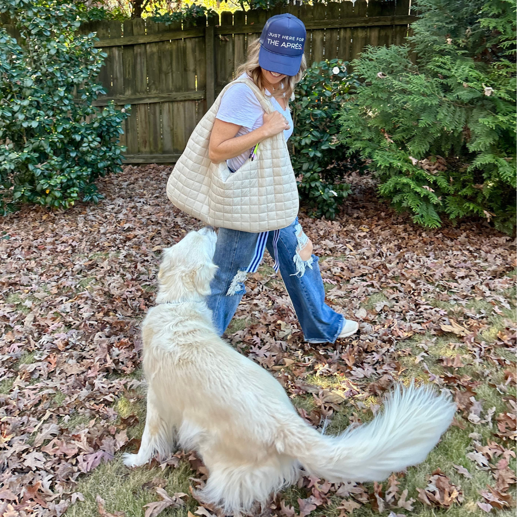 Navy Blue Mid Profile Women's Trucker Hat with Just Here for the Apres Ivory Pearl Print