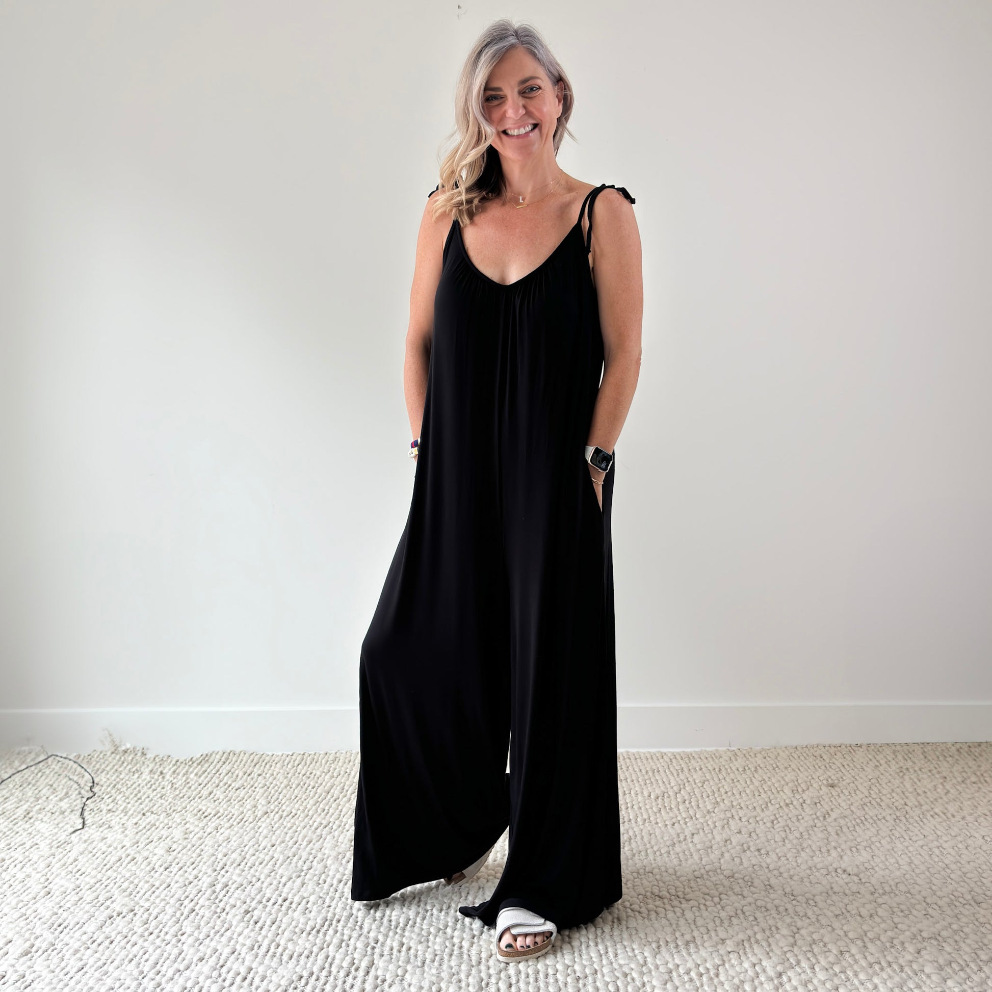 Women's Black stretch knit tie shoulder jumpsuit with pockets