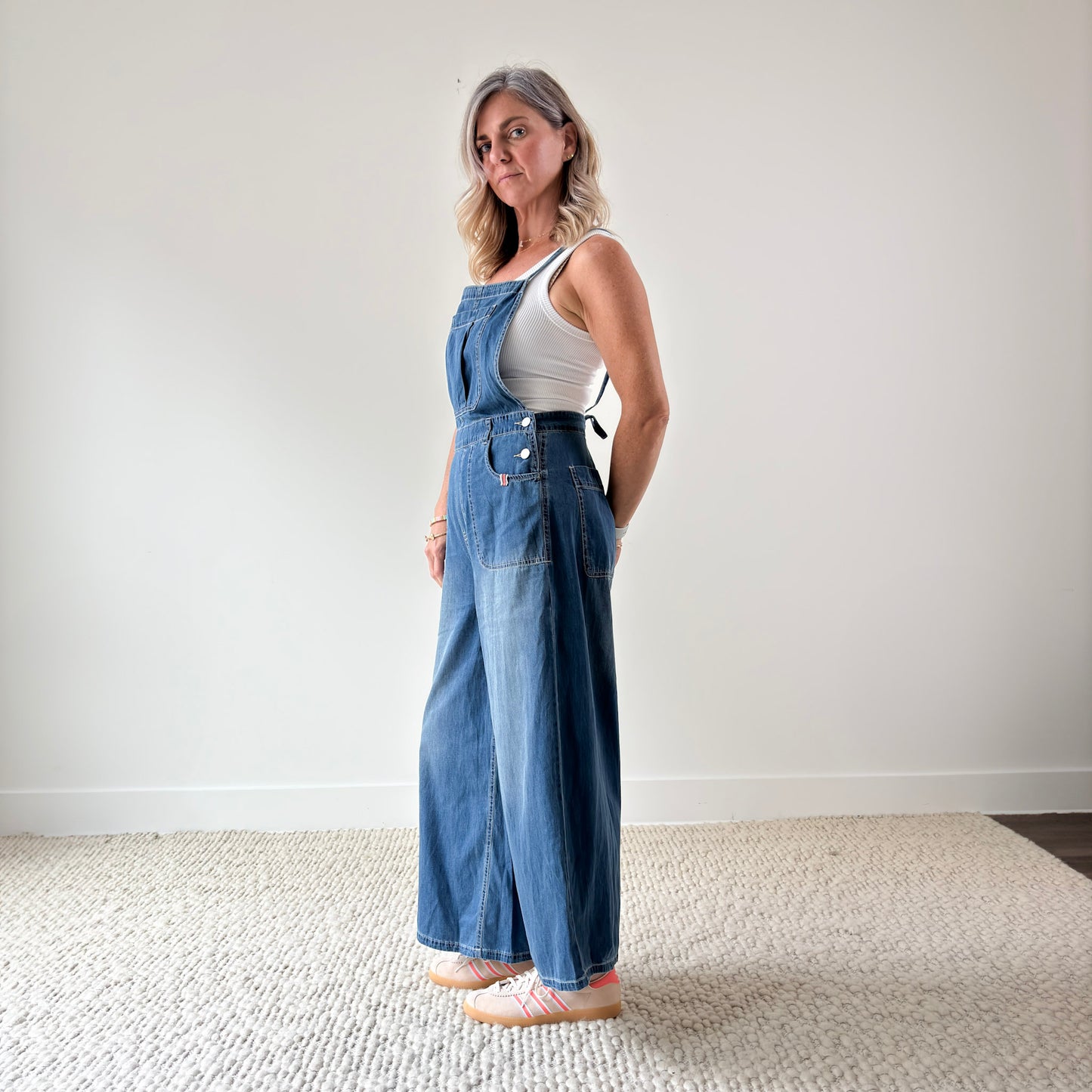 Women's Light Weight Wide Leg Medium Wash Cropped Denim Overall