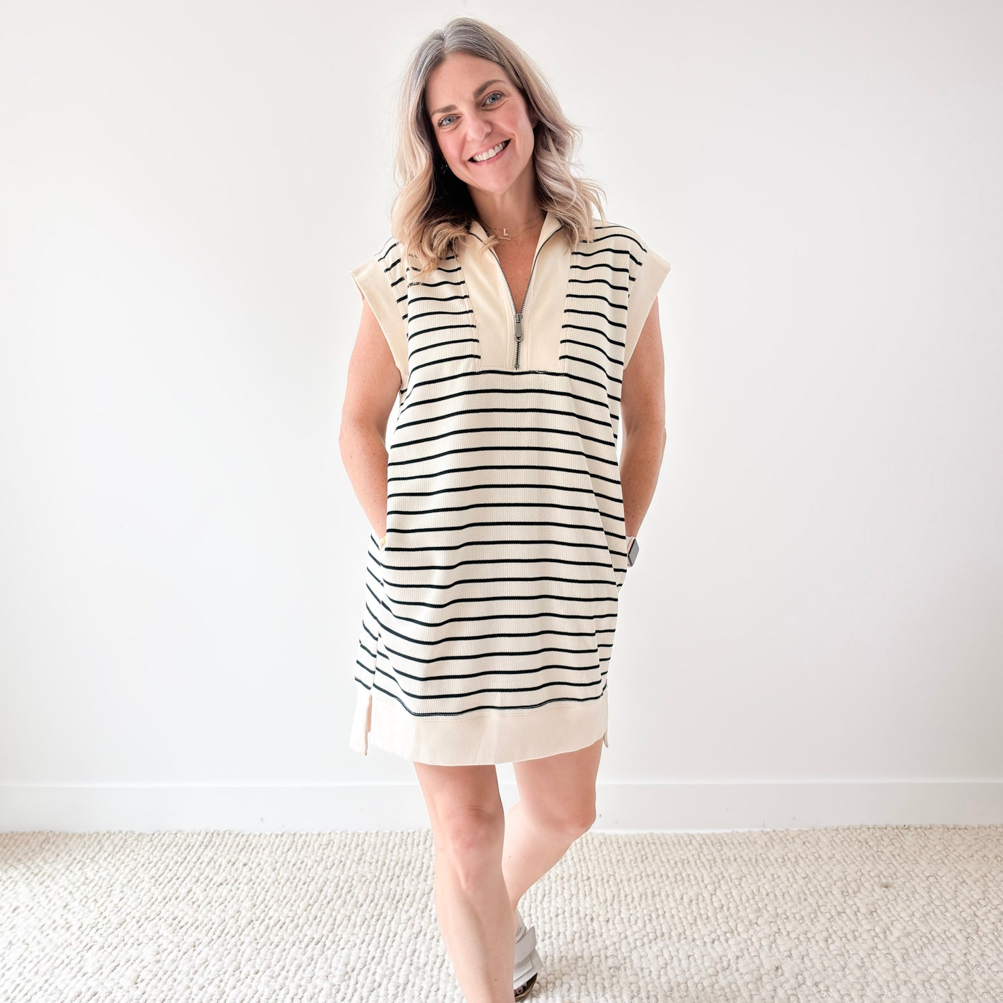 Women's ivory with black stripe ribbed quarter zip mini dress with pockets