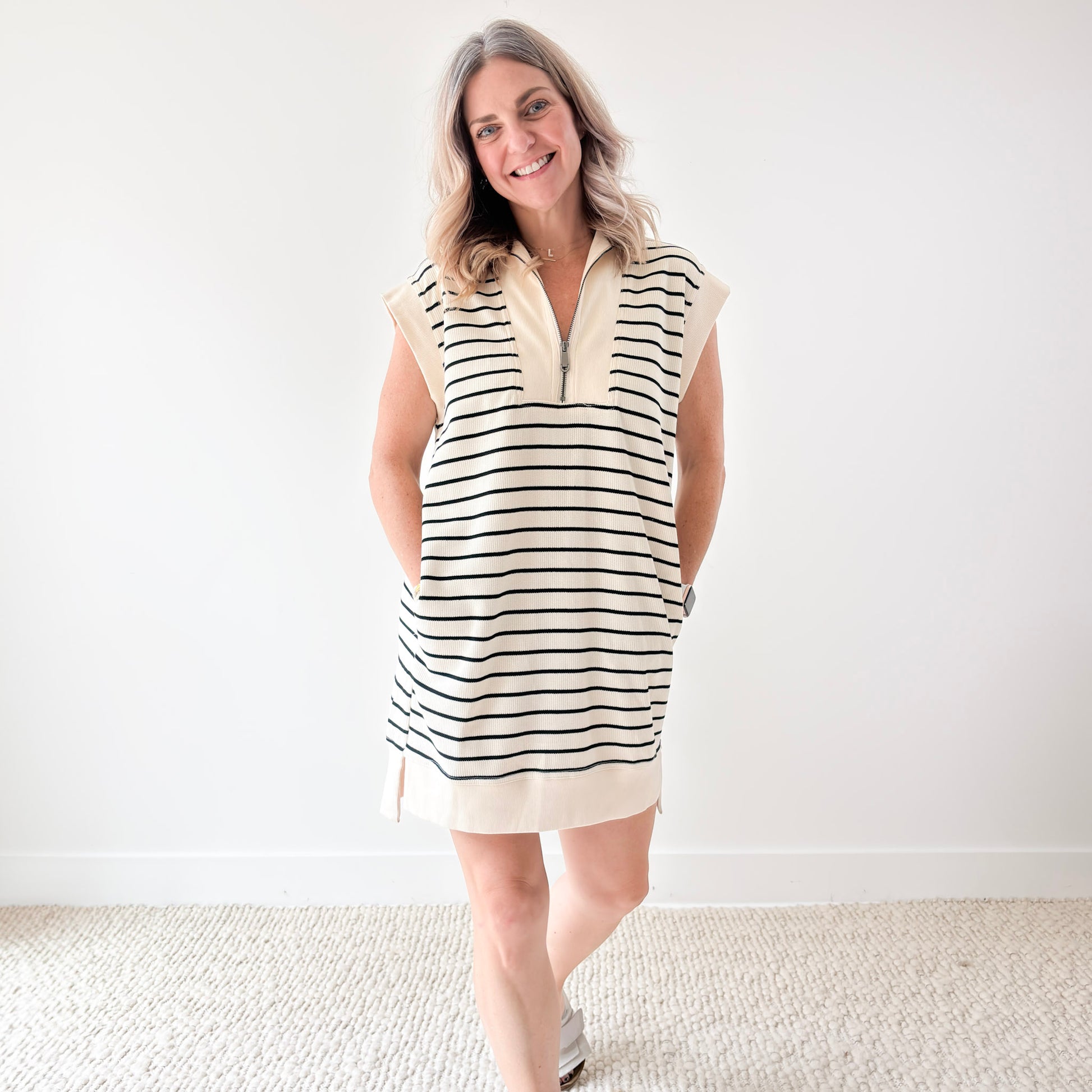 Women's ivory with black stripe ribbed quarter zip mini dress with pockets