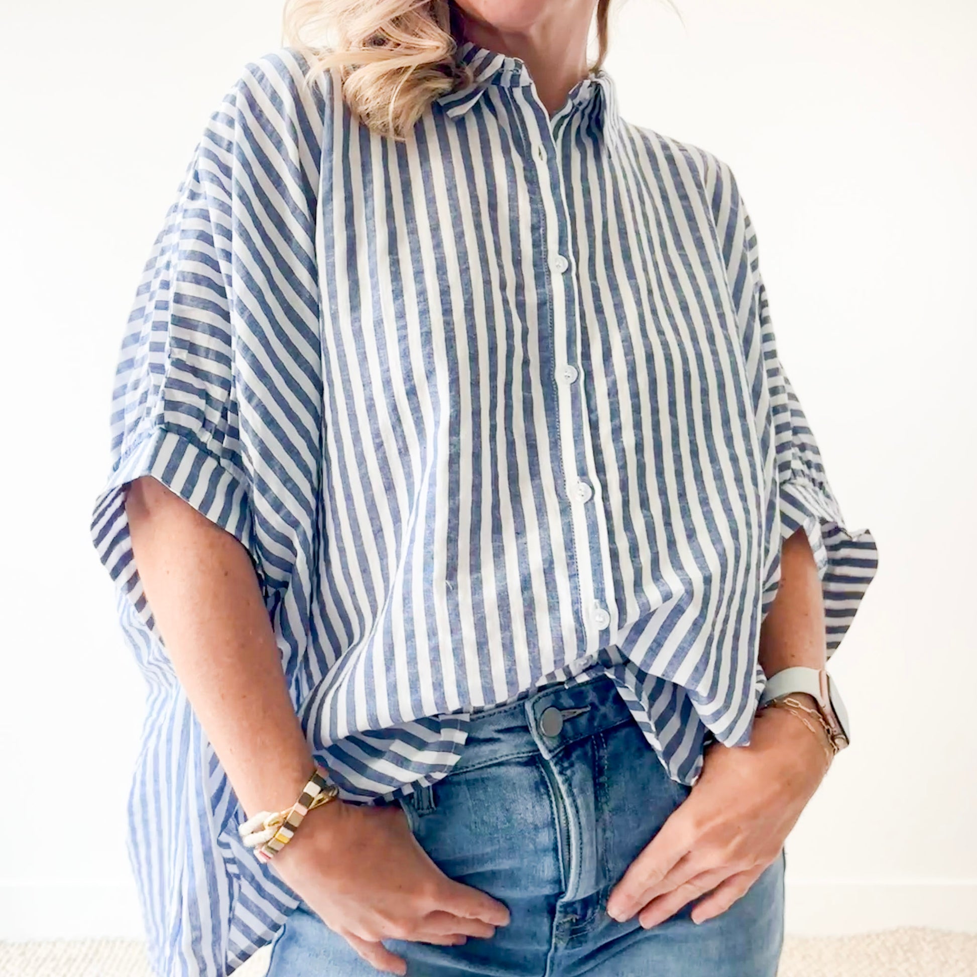 Navy and white stripe oversized button front top