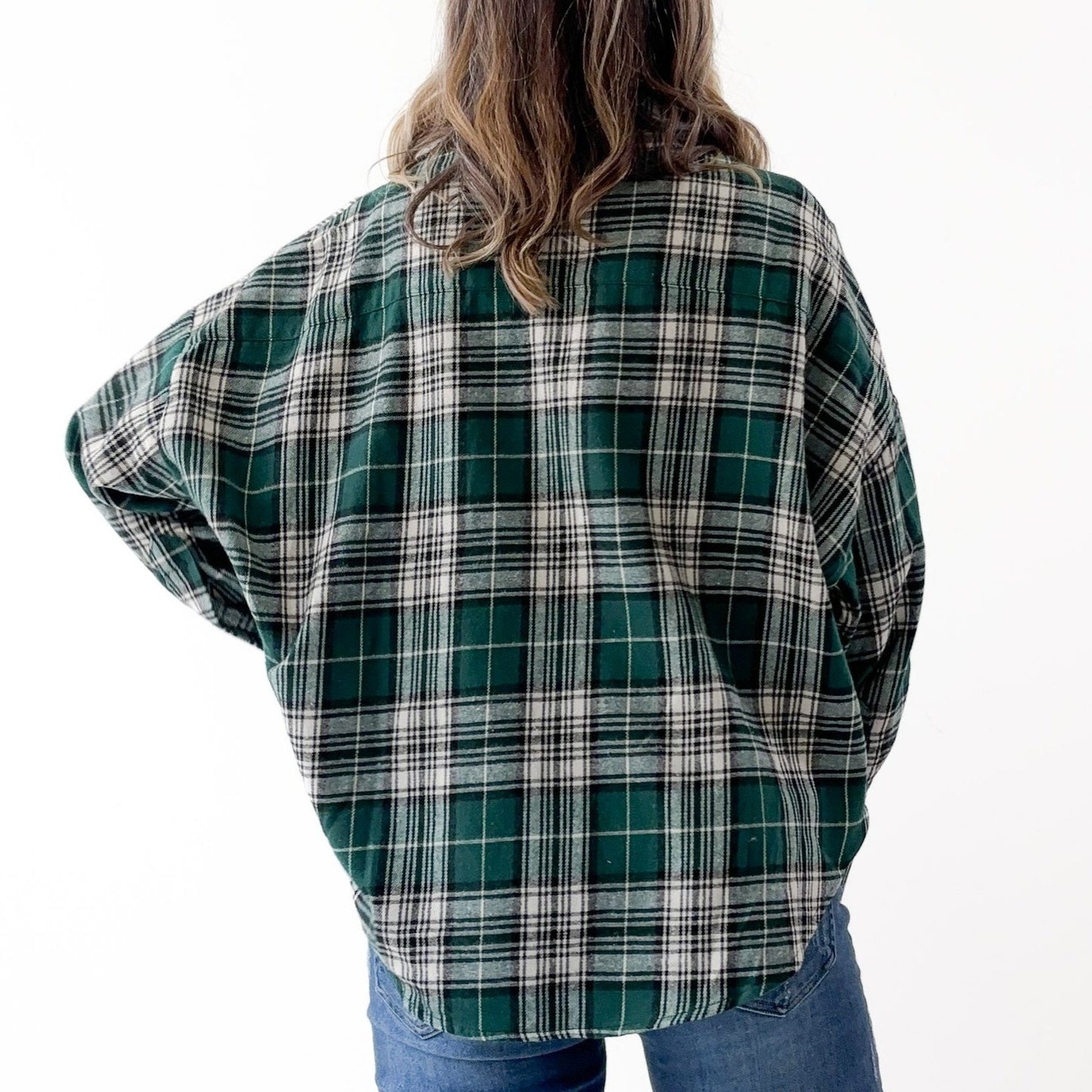 Women's super soft green and ivory plaid flannel high low button front top