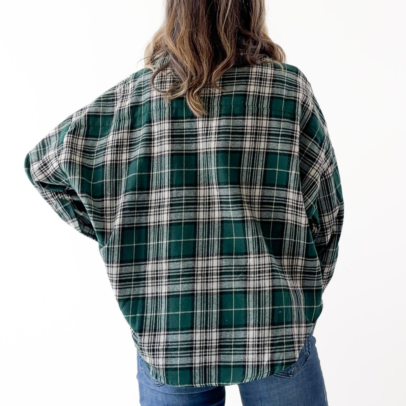 Women's super soft green and ivory plaid flannel high low button front top