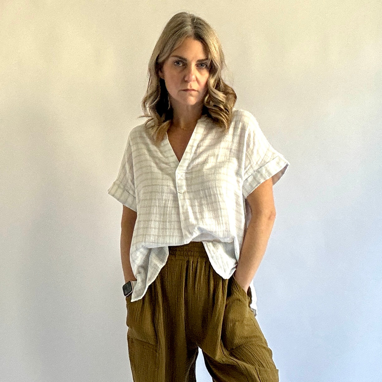 Women's white with blue and tan windowpane easy gauze split neck cuffed short sleeve top blouse