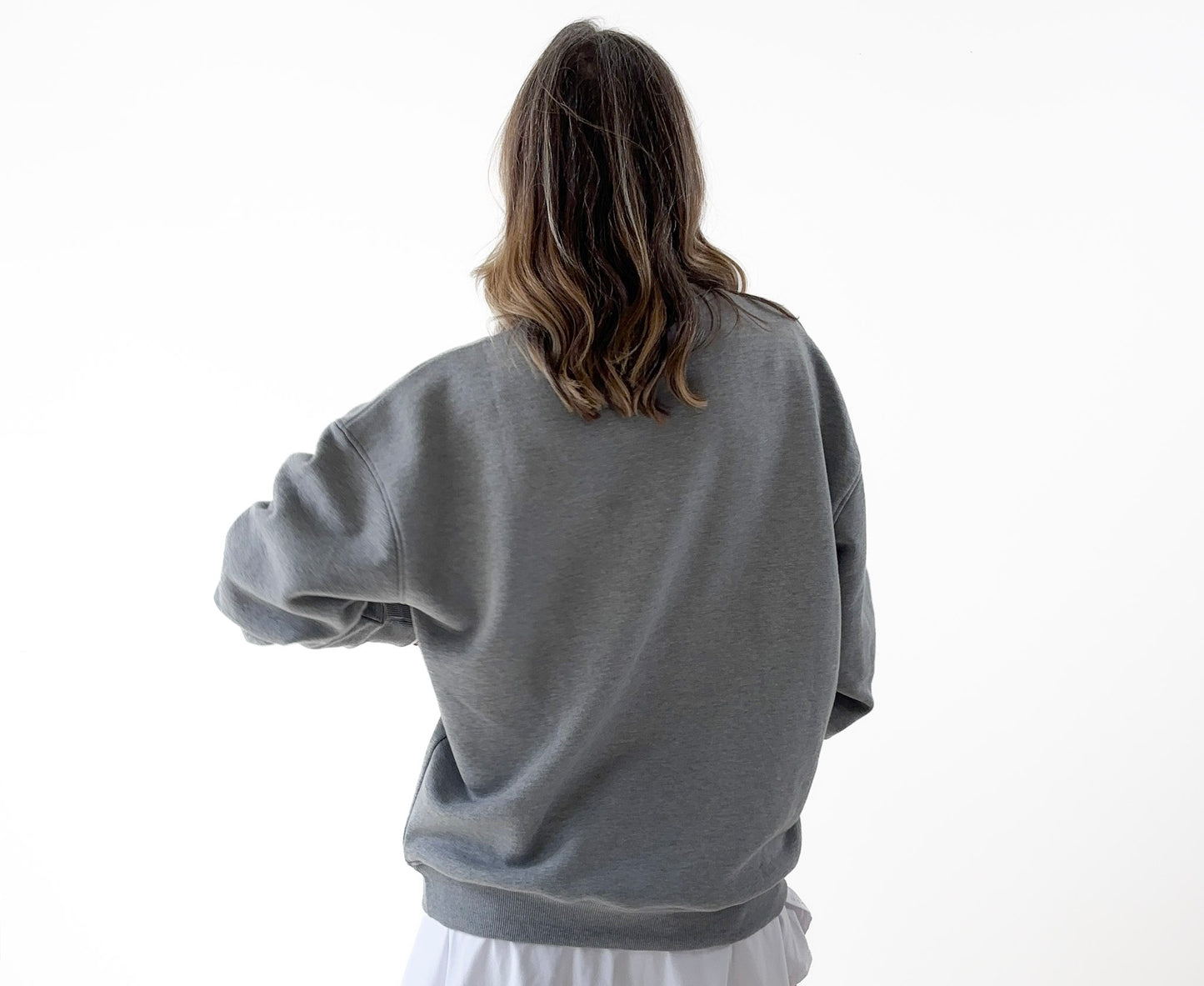 Women's heather gray classic crewneck fleece sweatshirt with pink heart PCKL pickleball screenprint