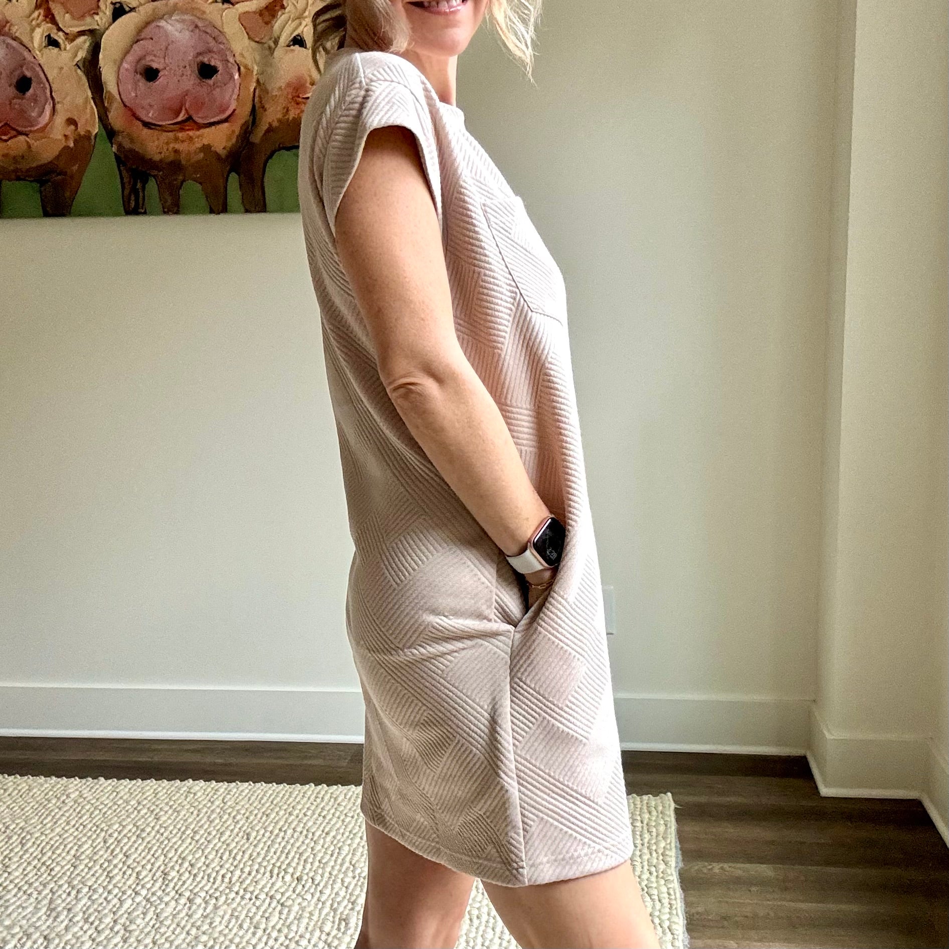 Tan short sleeve textured fabric mini dress with pockets