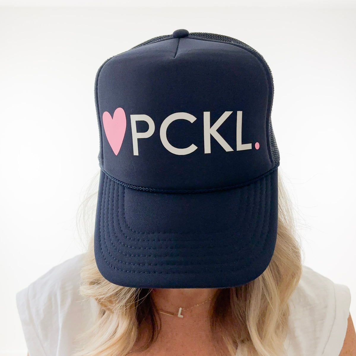 ?PCKL. Navy and Pink Pickleball Trucker Hat Heart PCKL High Profile Pickleball Trucker Hat – The Give  main image 2