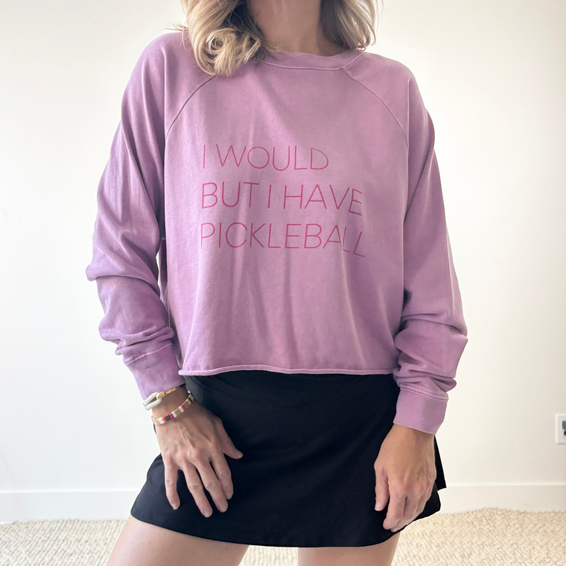 Lavender long raglan sleeve raw hem heavy weight t shirt with bright pink I would but I have pickleball print