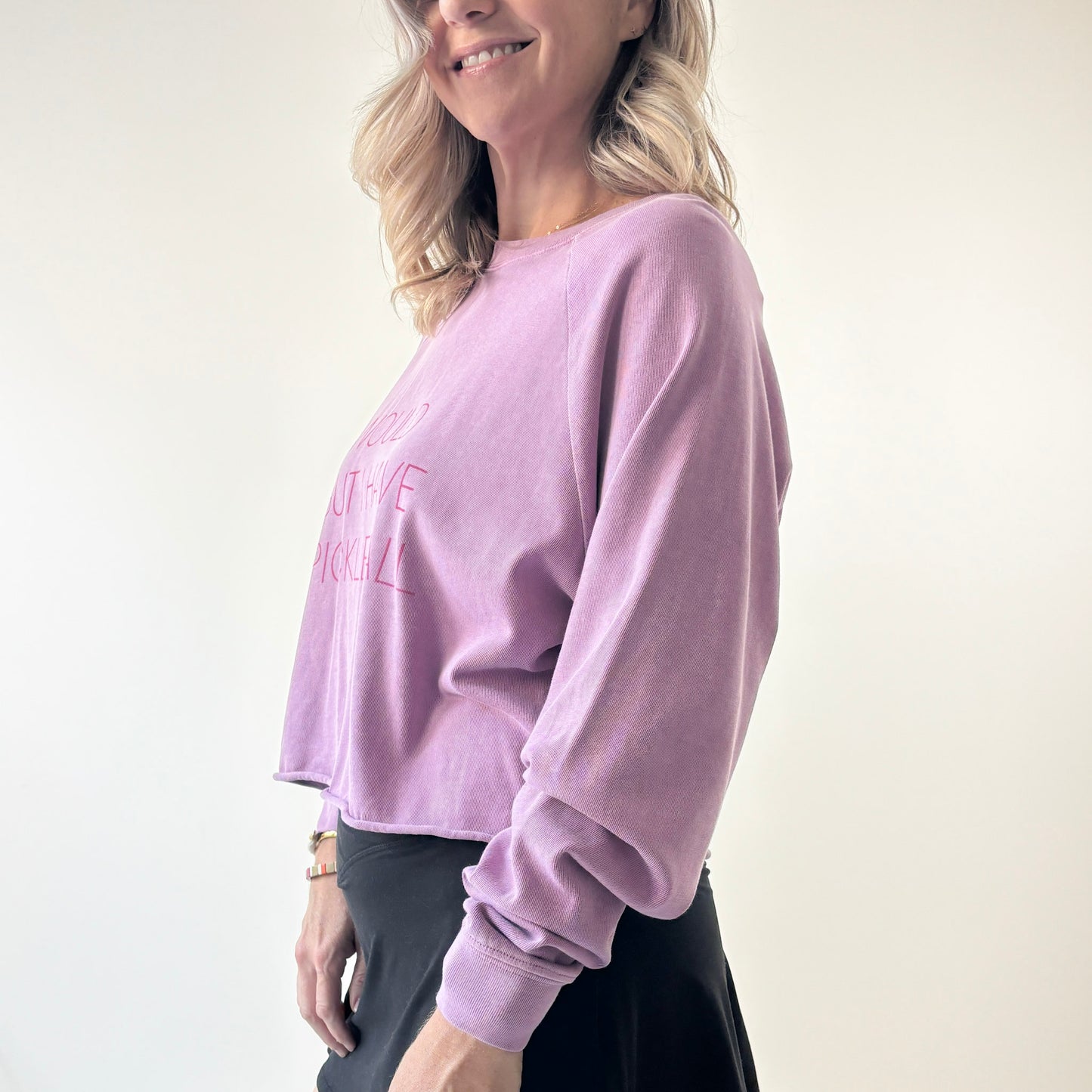 Lavender long raglan sleeve raw hem heavy weight t shirt with bright pink I would but I have pickleball print