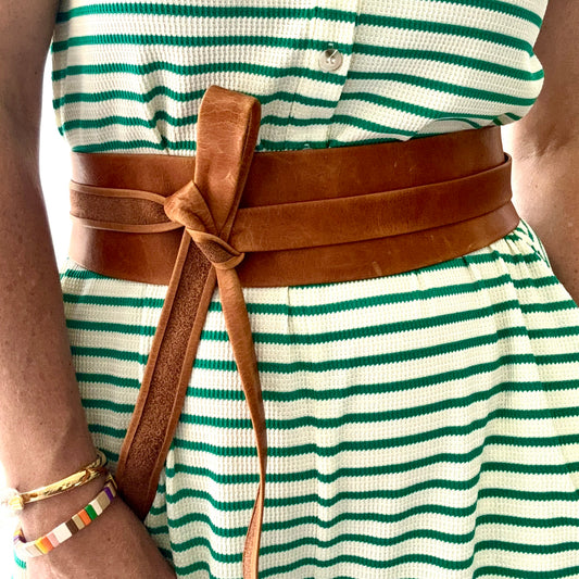 Women's cognac genuine leather wide obi wrap belt