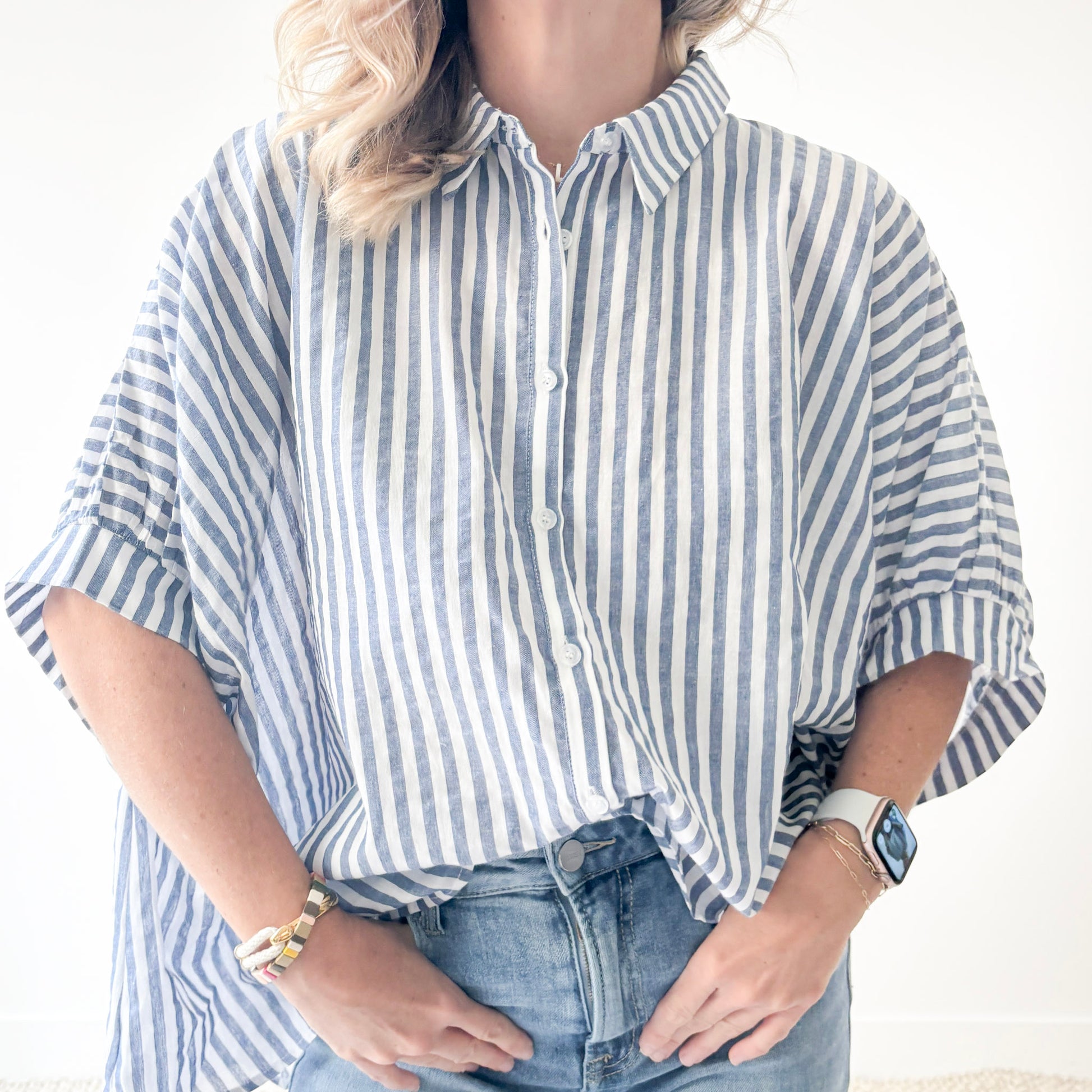 Navy and white stripe oversized button front top