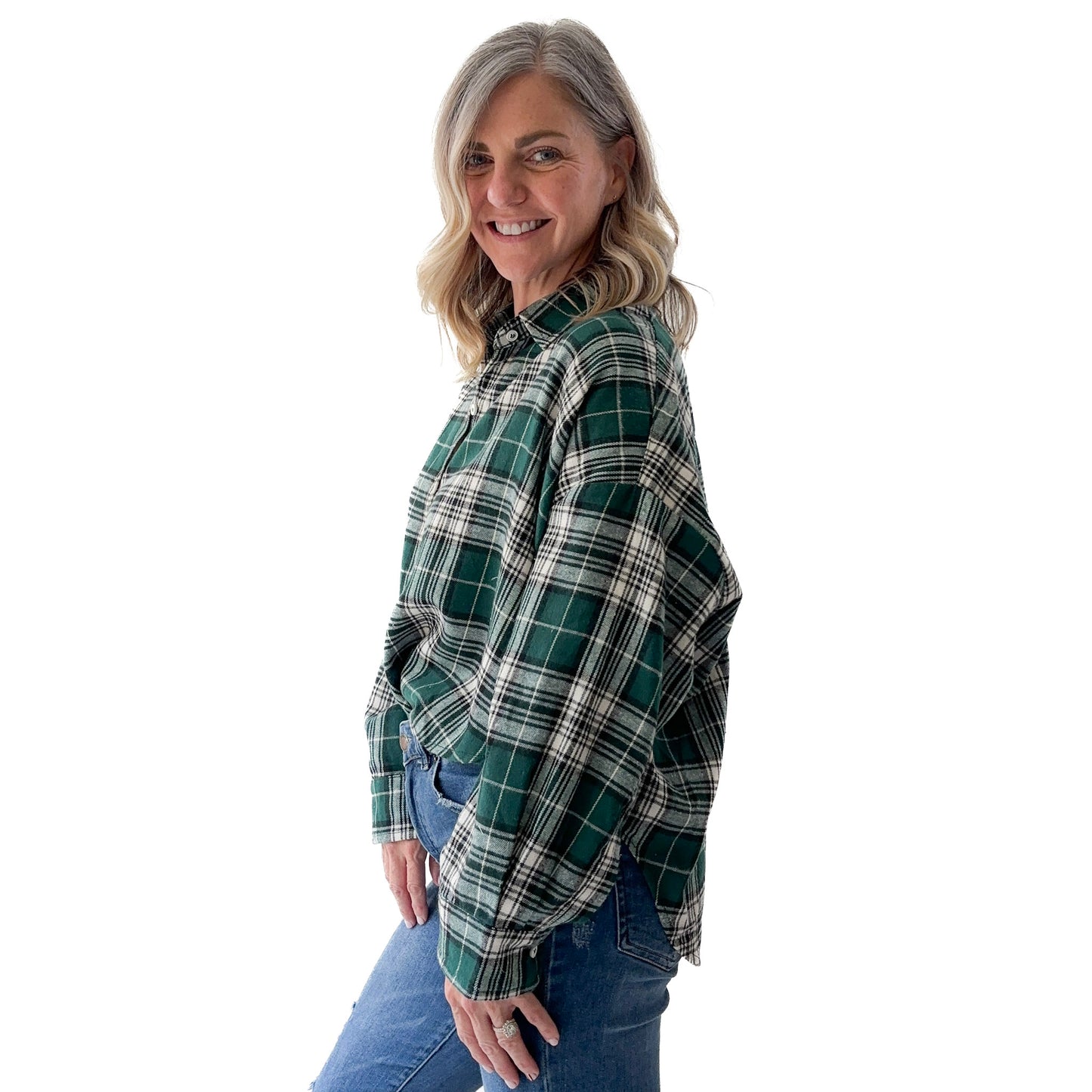 Women's super soft green and ivory plaid flannel high low button front top