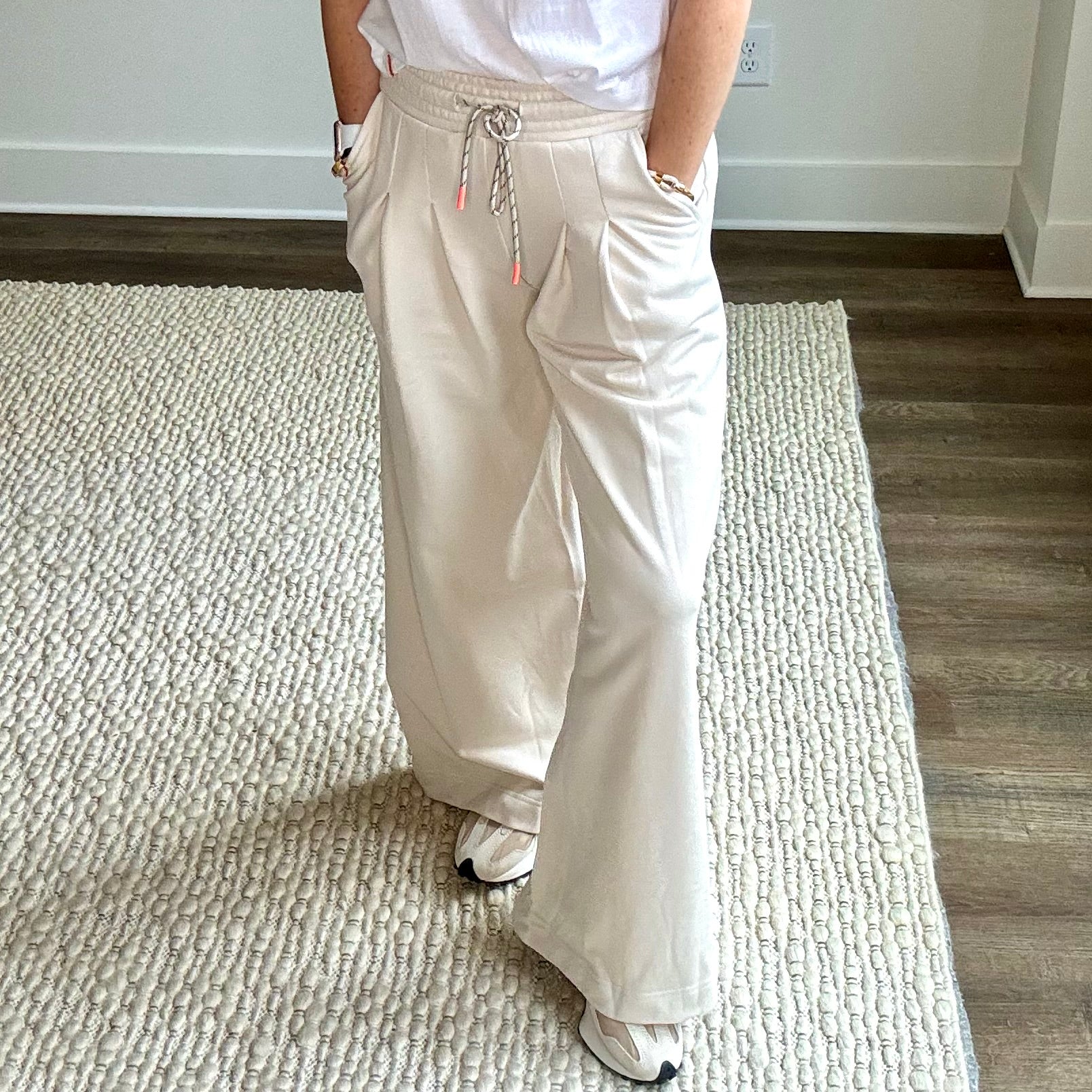 Tan pleated pull on french terry wide leg pant with contrast drawcord