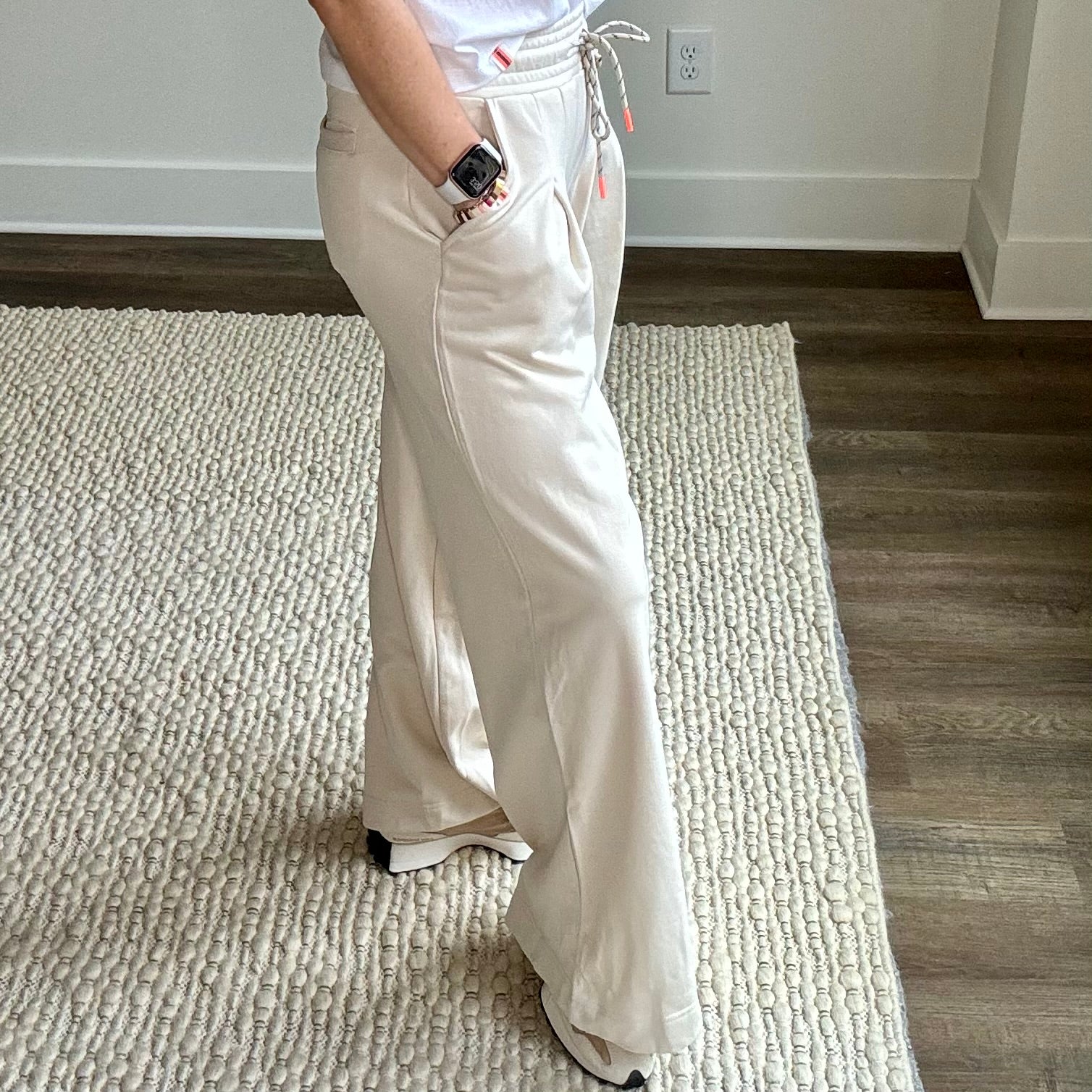 Tan pleated pull on french terry wide leg pant with contrast drawcord