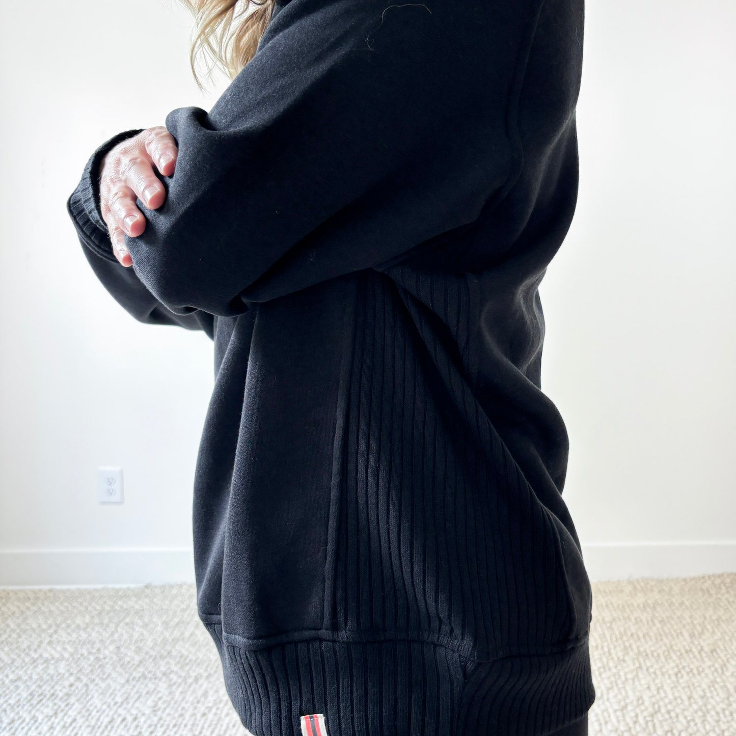 Women's Black Cozy Fleece Rib inset Crewneck Sweatshirt