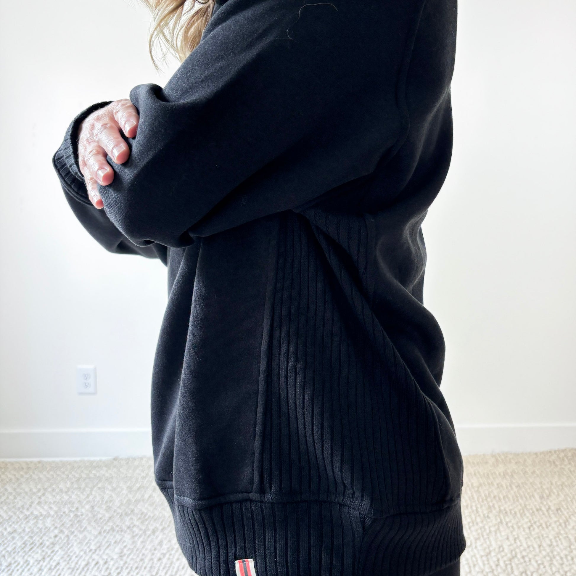 Women's Black Cozy Fleece Rib inset Crewneck Sweatshirt