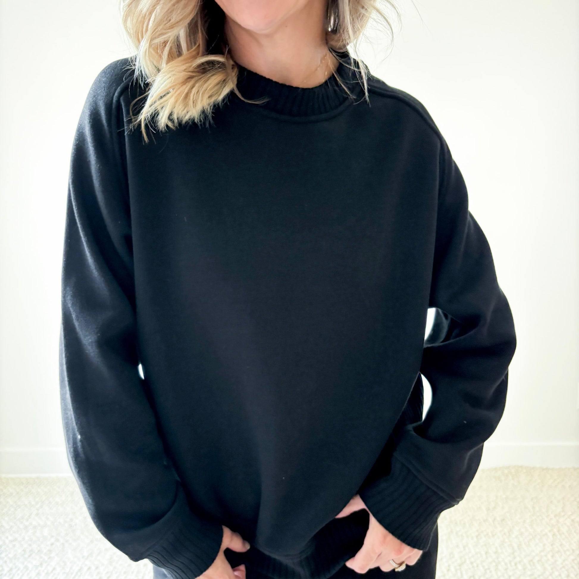 Women's Black Cozy Fleece Rib inset Crewneck Sweatshirt
