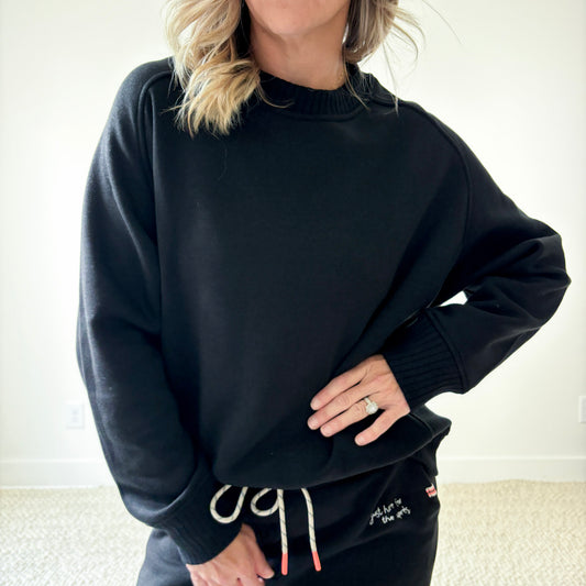 Women's Black Cozy Fleece Rib inset Crewneck Sweatshirt