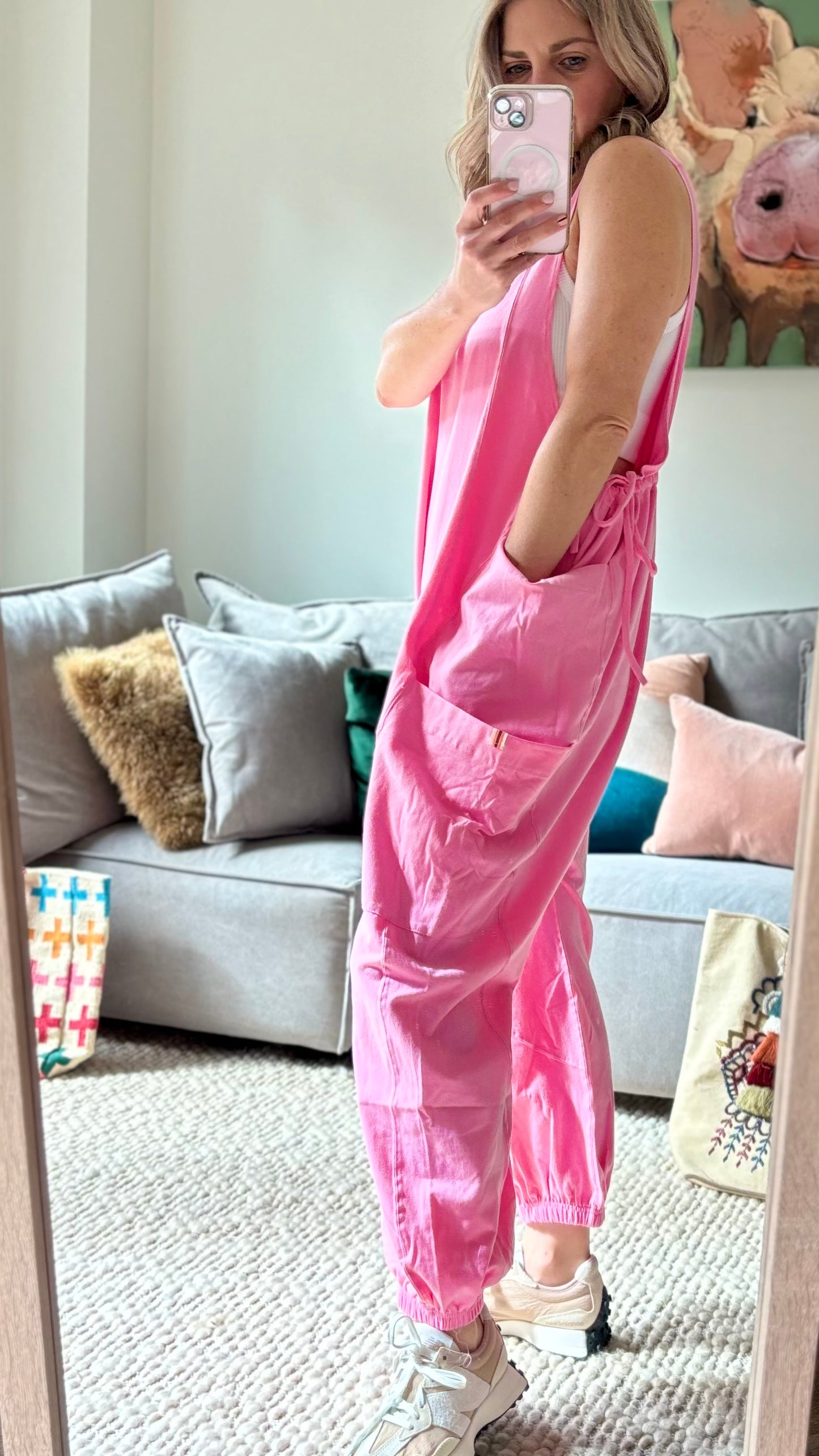 Women's Pink Knit Tank jumpsuit romper with cargo pockets side ties and gathered elastic hem