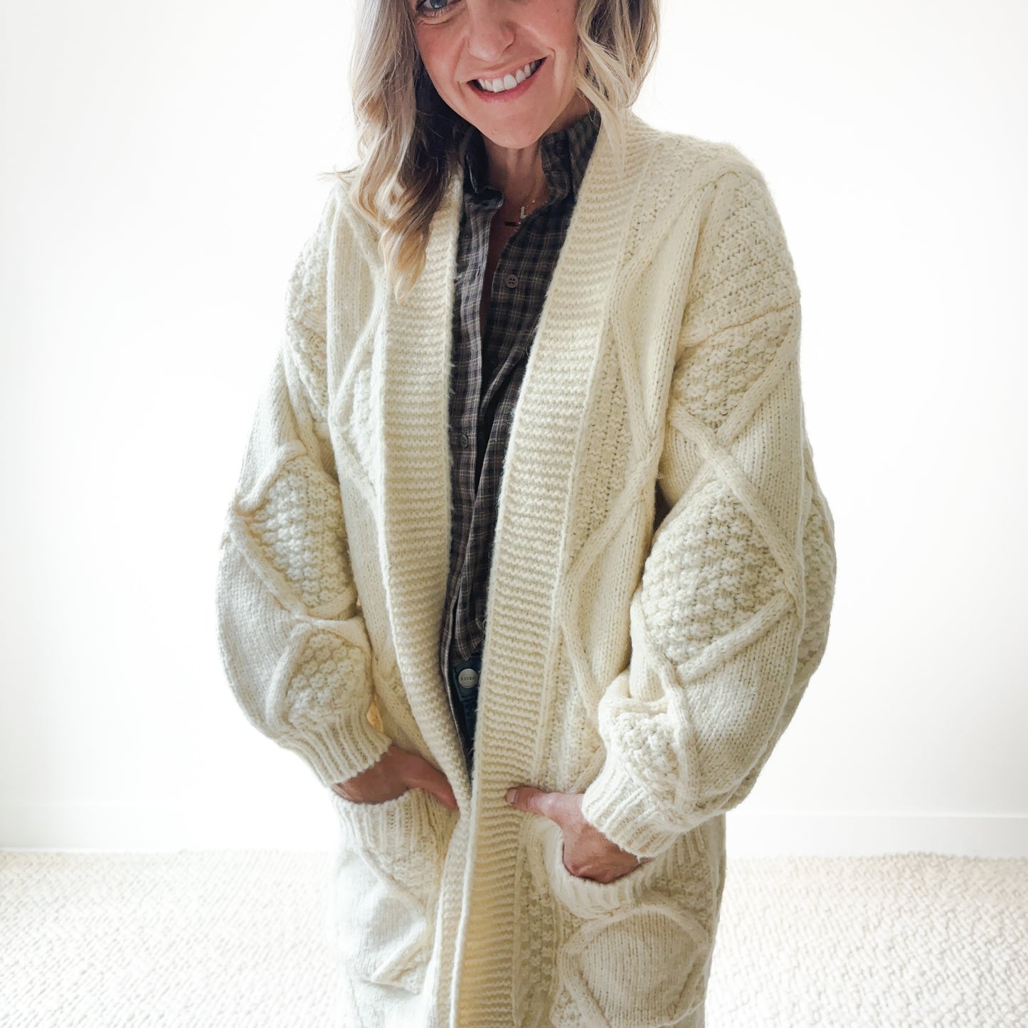 Heavyweight Ivory Cable Patterned Duster Long Cardigan