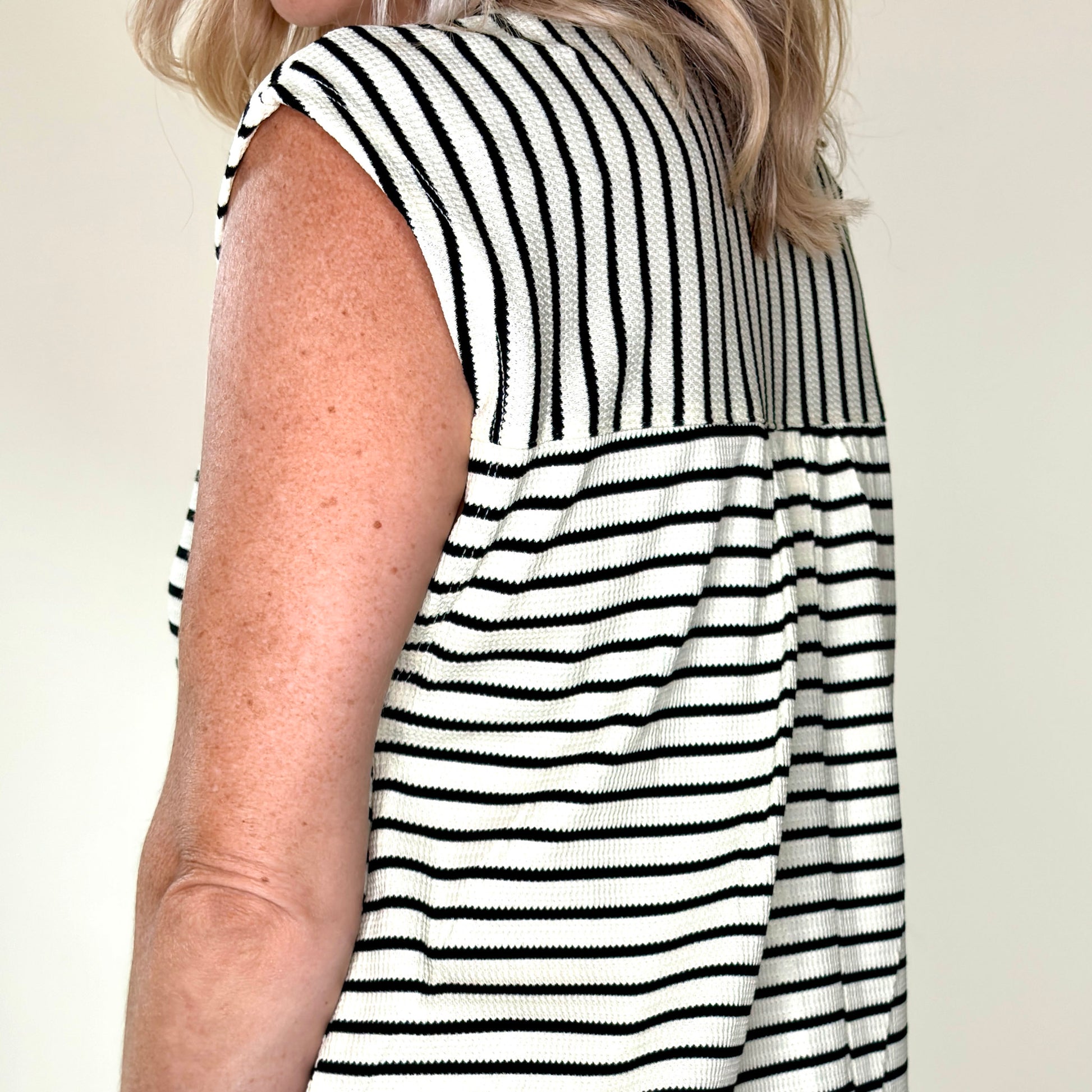 Black and white stripe wide leg button front jumpsuit