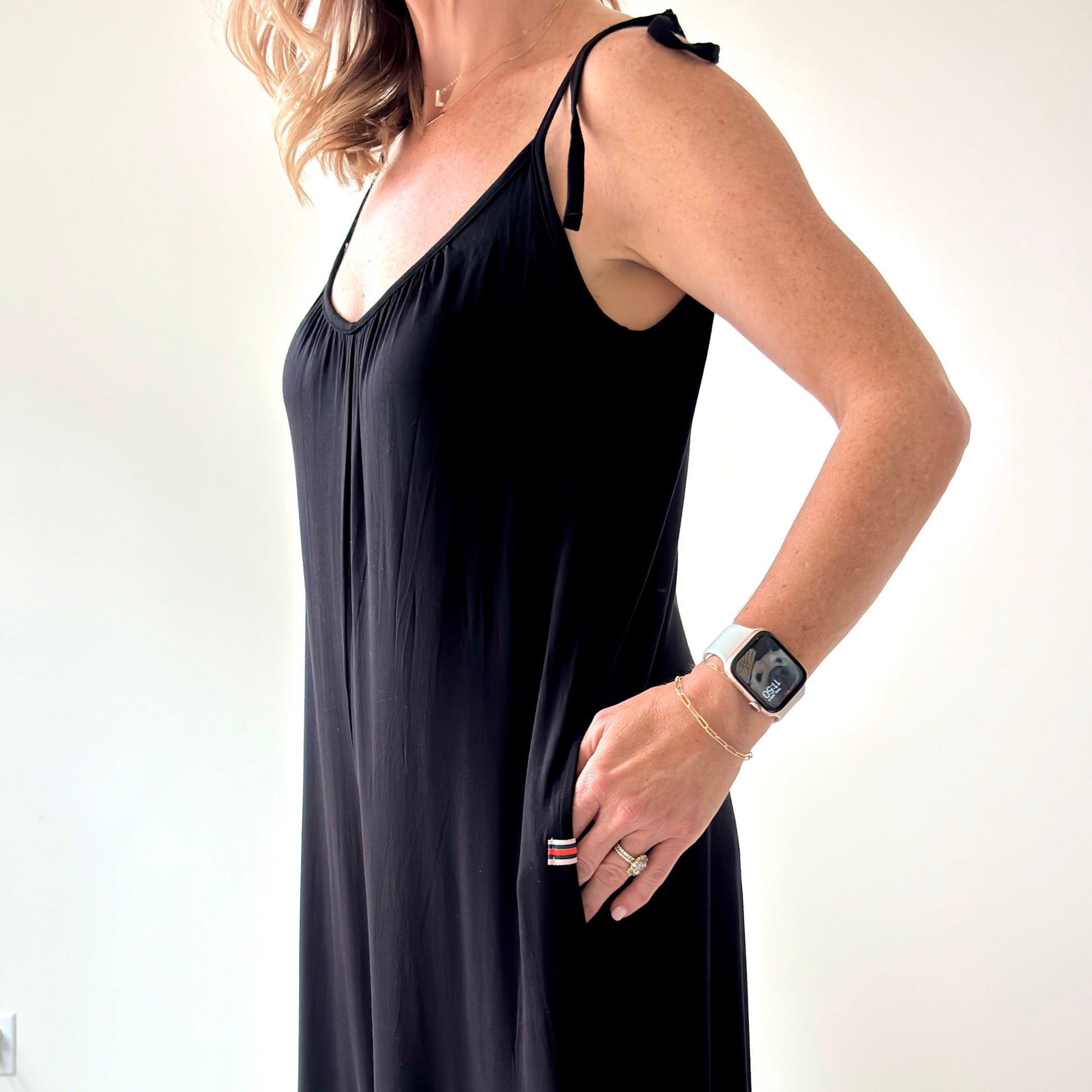 Women's Black stretch knit tie shoulder jumpsuit with pockets