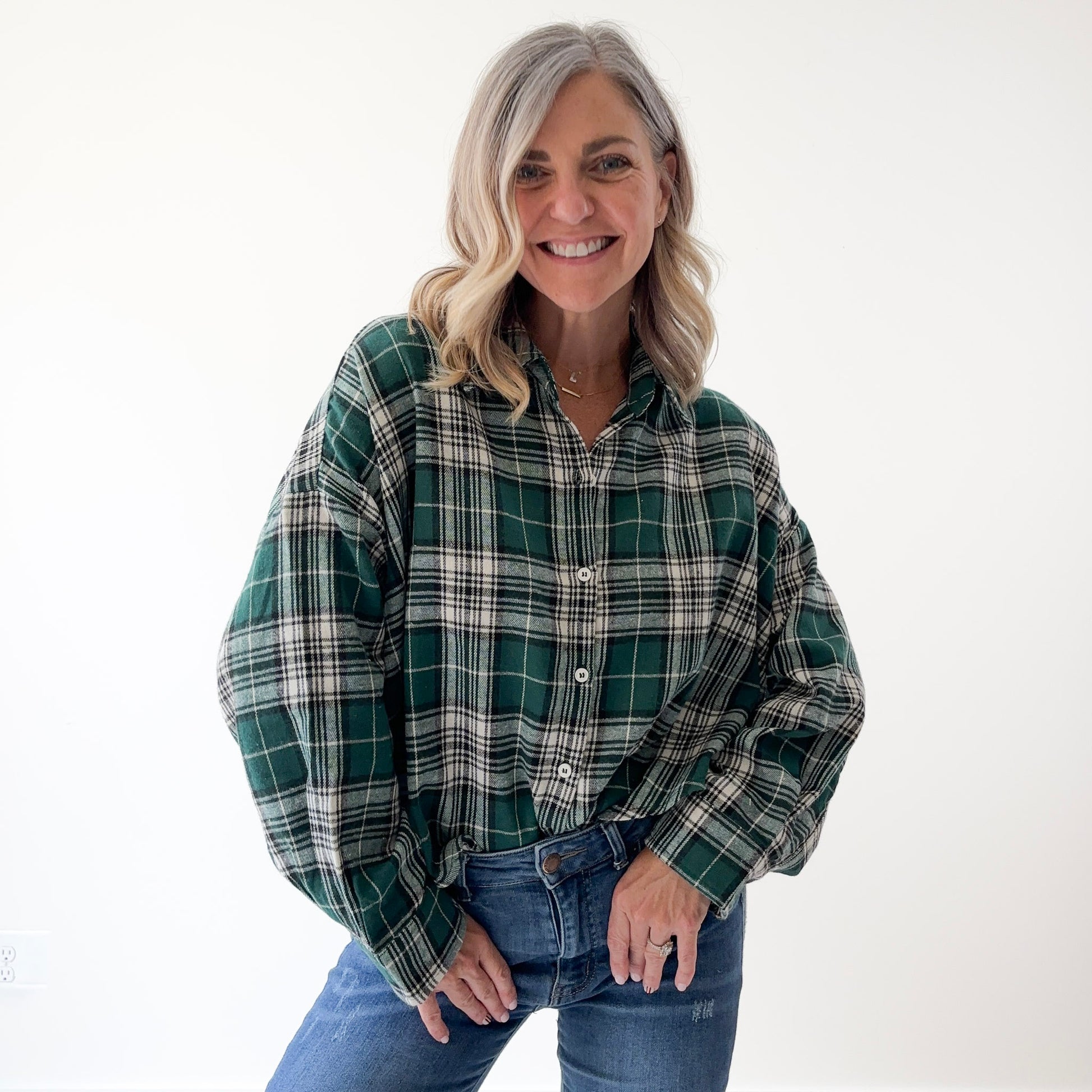 Women's super soft green and ivory plaid flannel high low button front top