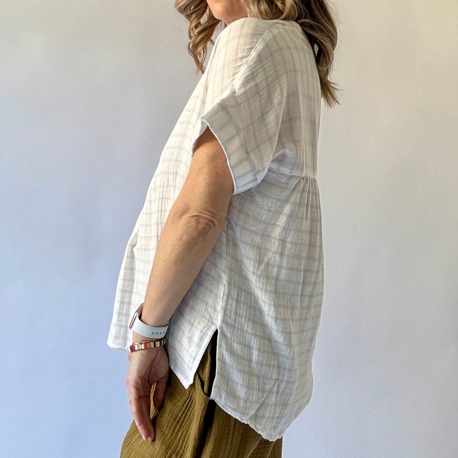 Women's white with blue and tan windowpane easy gauze split neck cuffed short sleeve top blouse