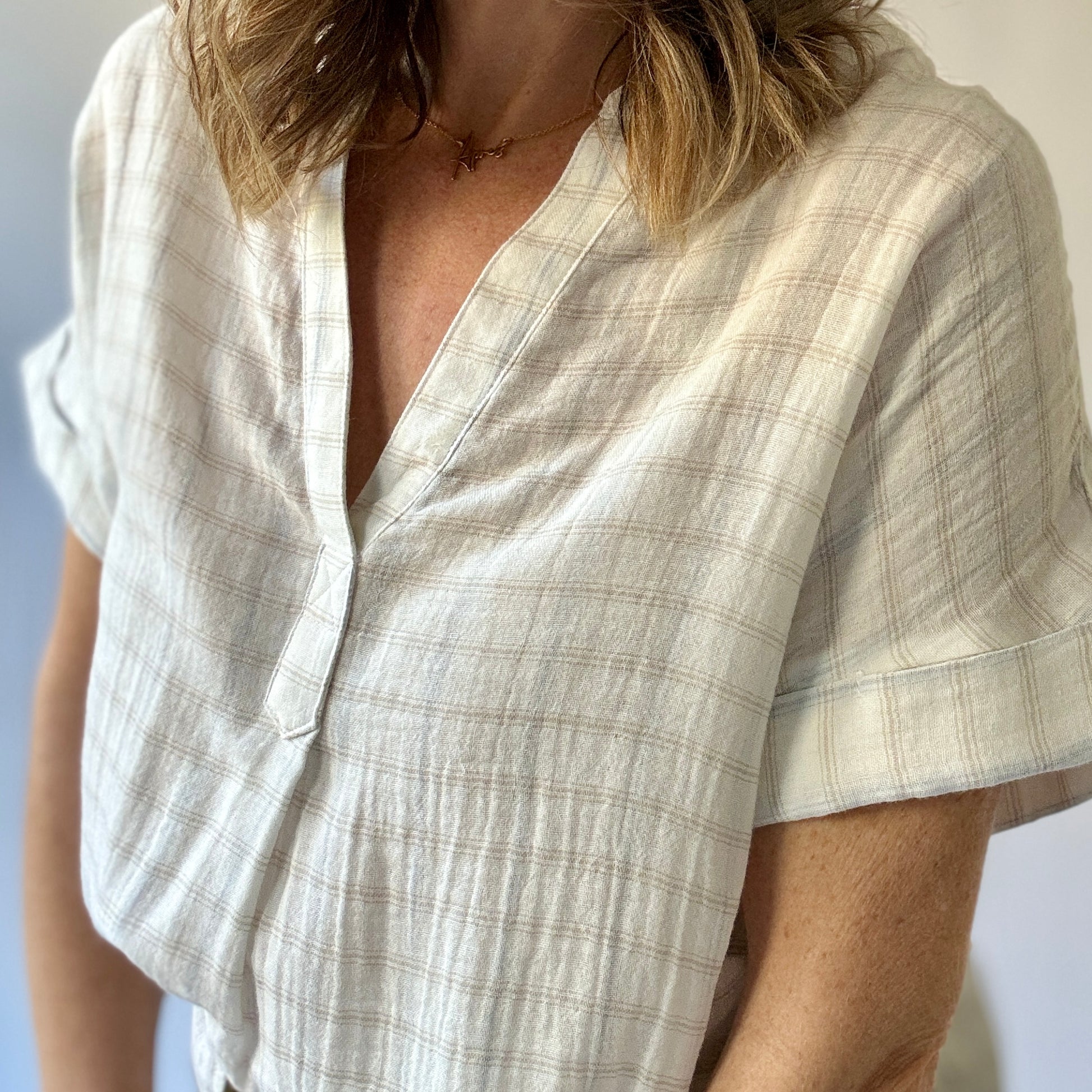 Women's white with blue and tan windowpane easy gauze split neck cuffed short sleeve top blouse