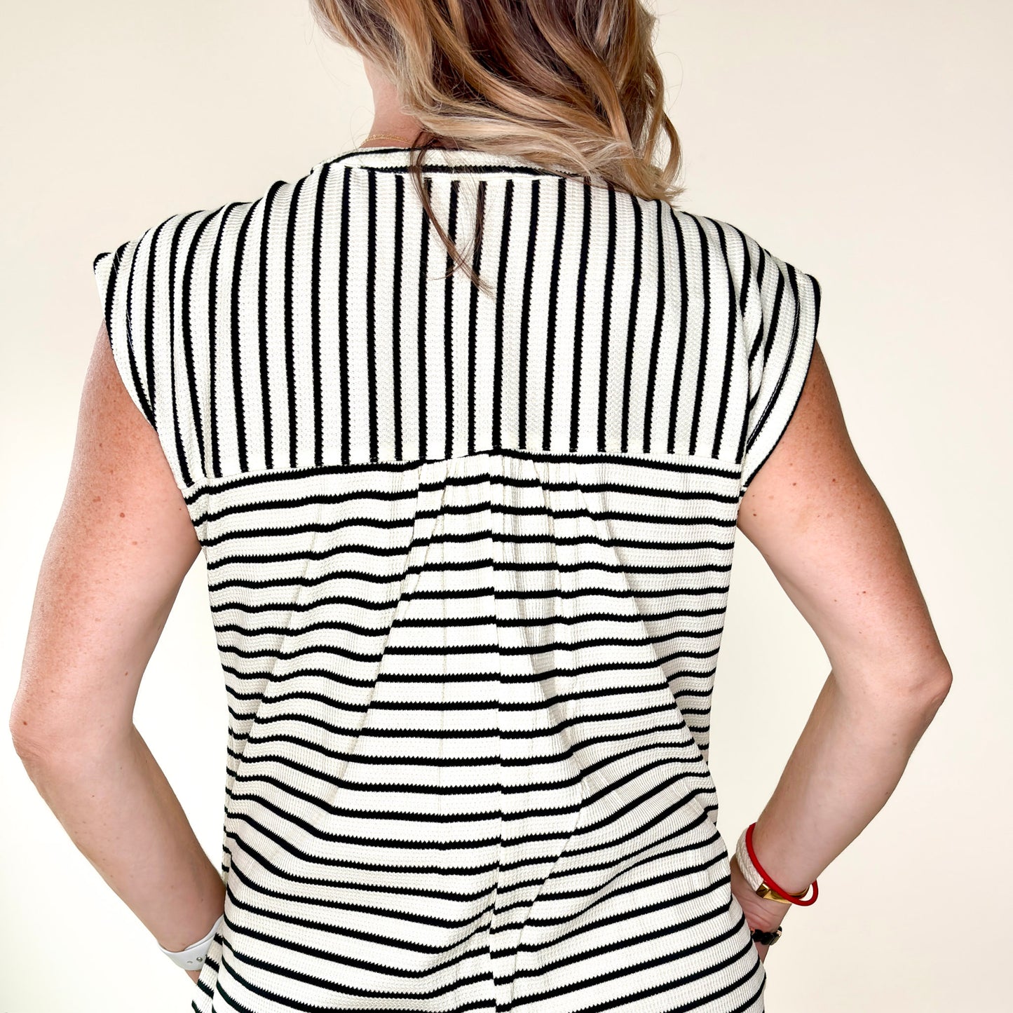 Black and white stripe wide leg button front jumpsuit