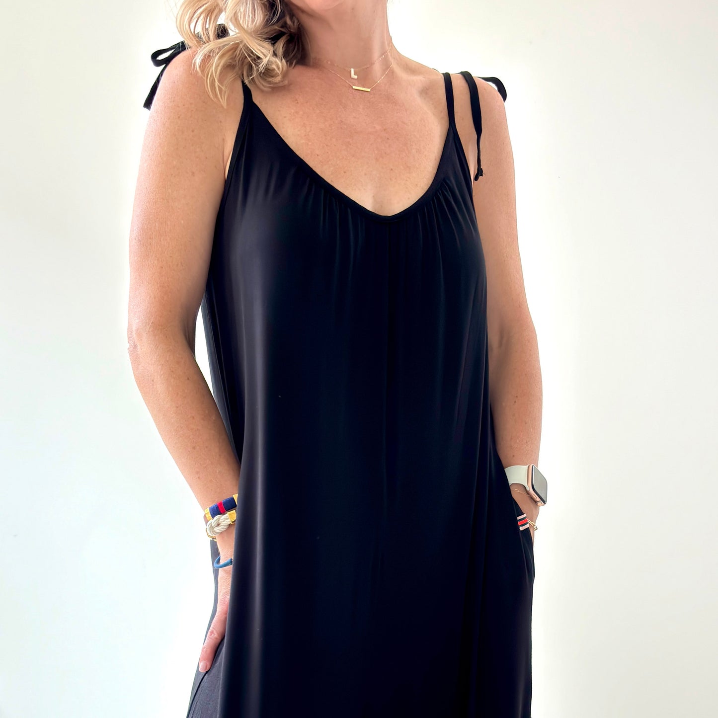 Women's Black stretch knit tie shoulder jumpsuit with pockets