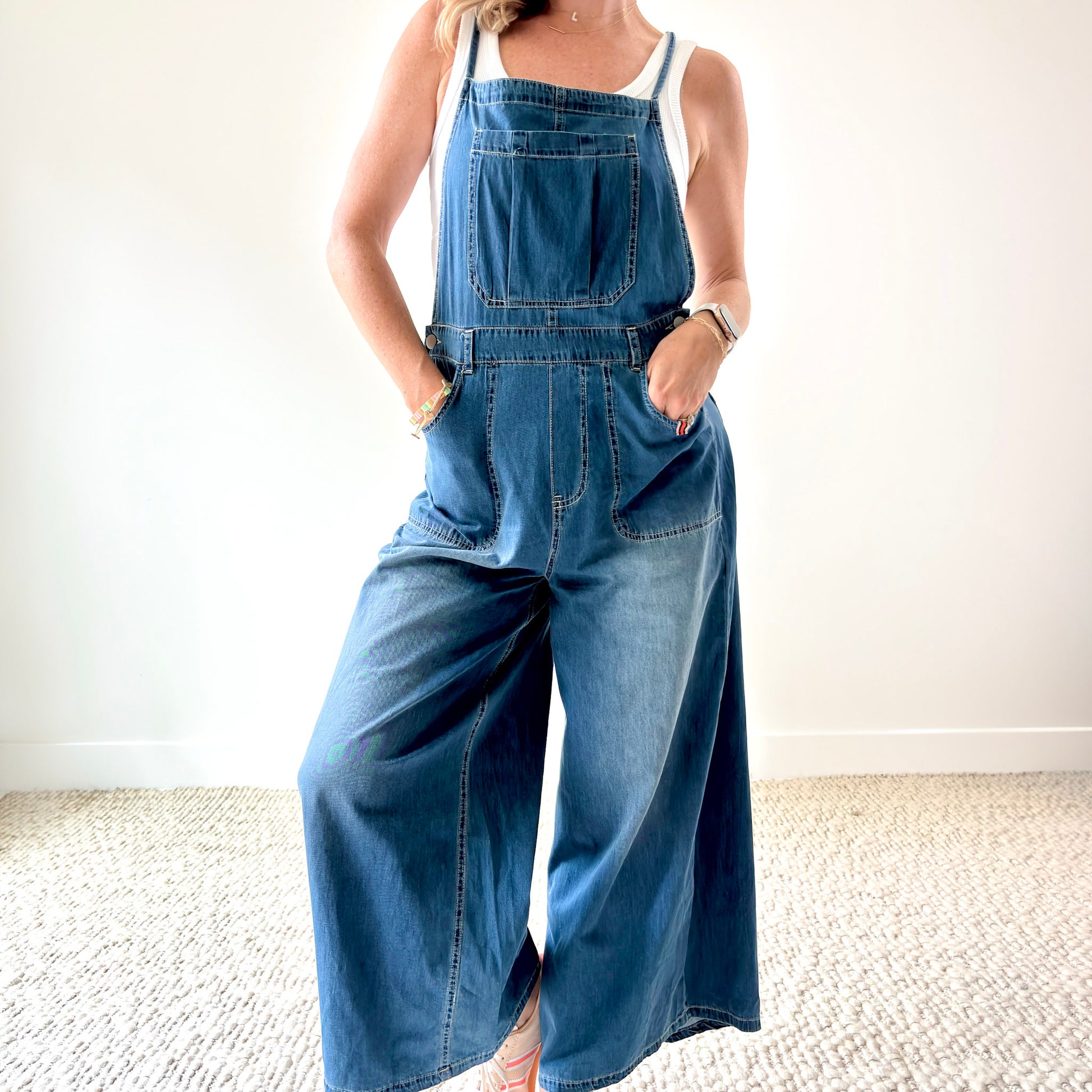 Women's Light Weight Wide Leg Medium Wash Cropped Denim Overall