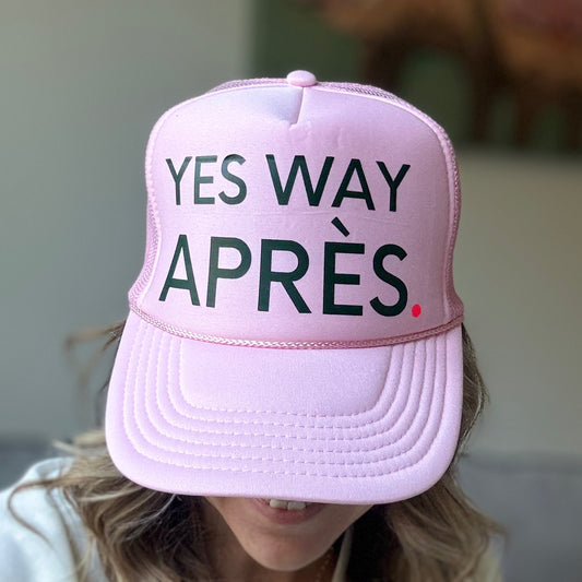 Light Pink High Profile Trucker Hat with dark green yes way apres print