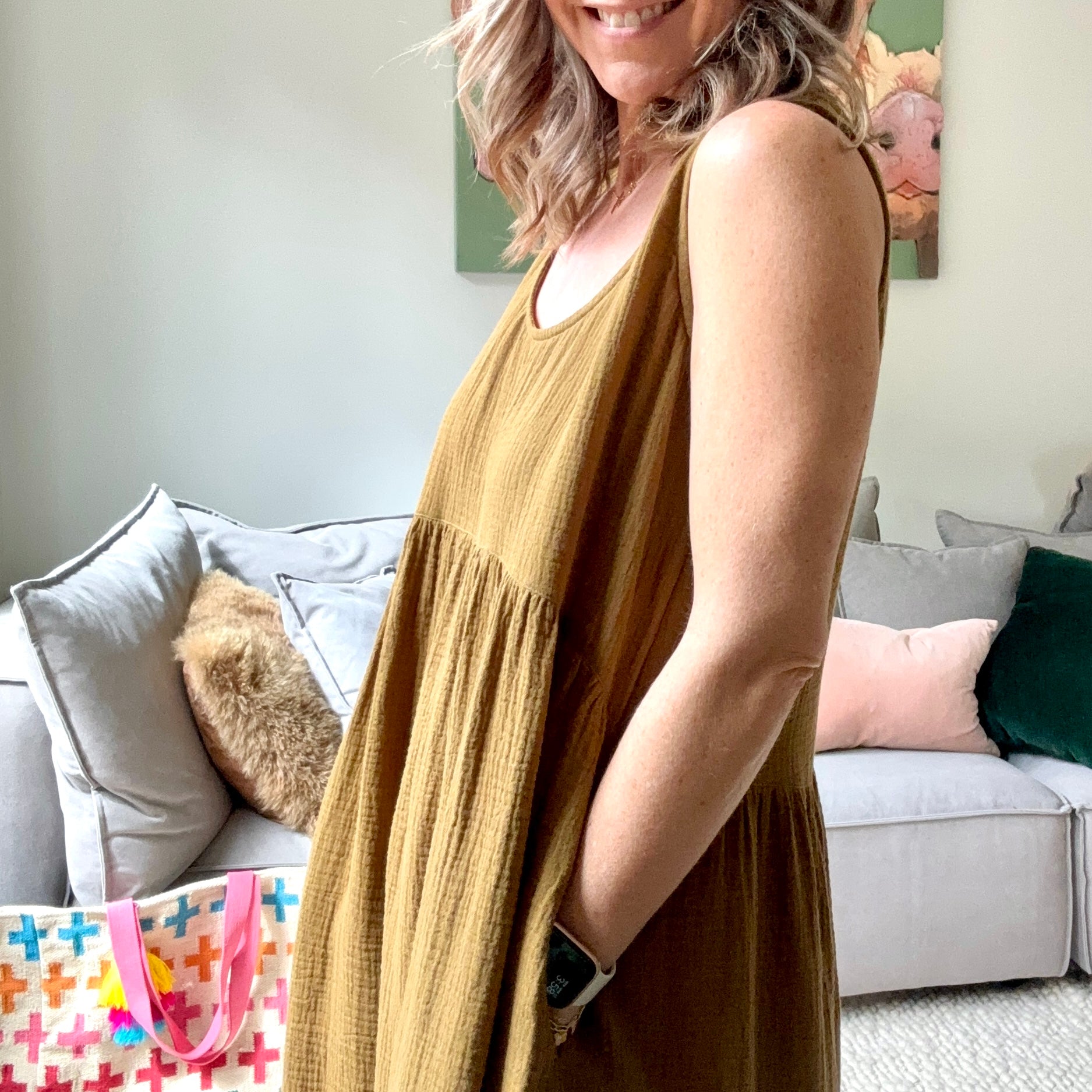 Caramel tobacco gauze tank style empire waist women's midi dress with pockets
