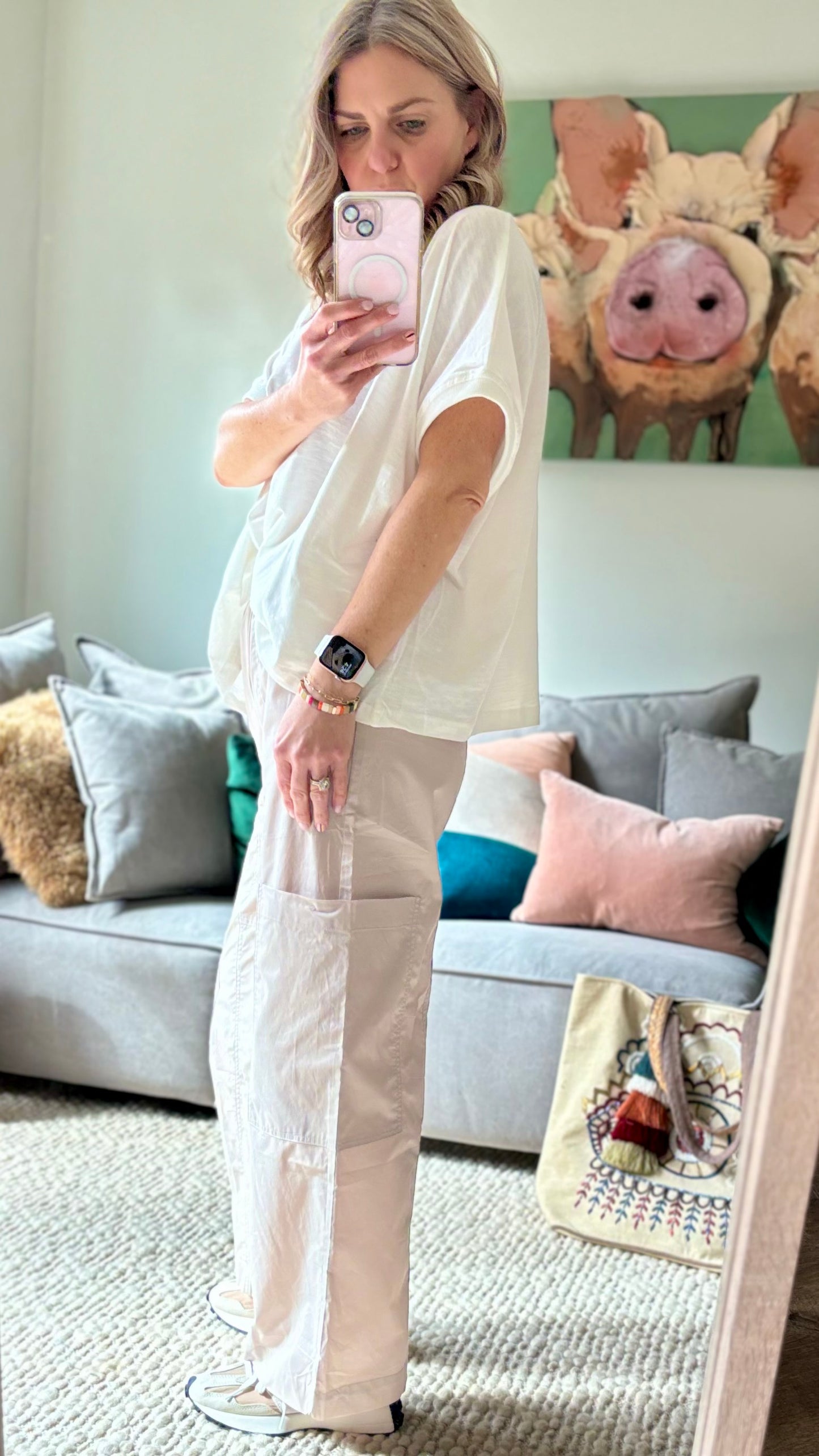 Women's pull on ultra light weight stone color poplin cargo ankle length pant