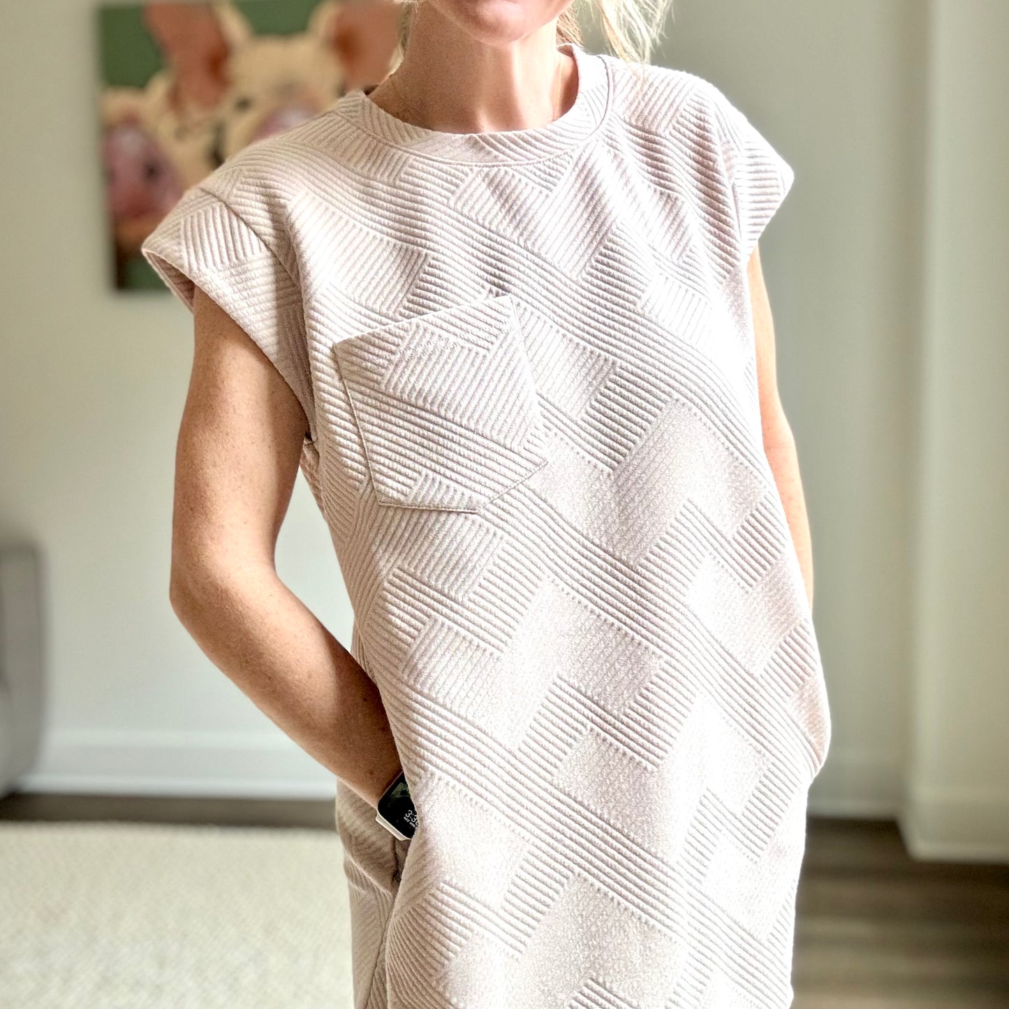 Tan short sleeve textured fabric mini dress with pockets